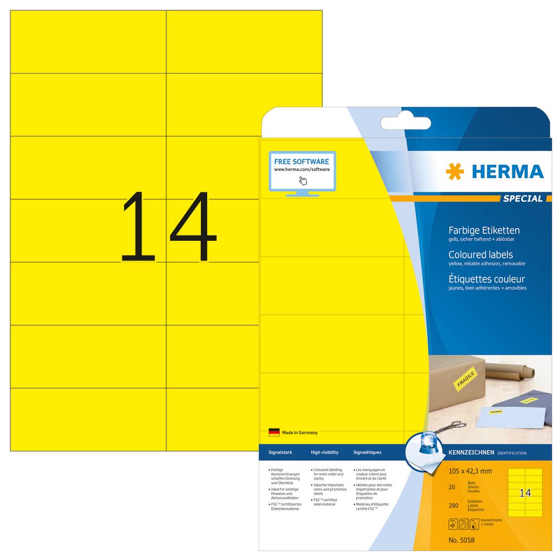 HERMA Special - Papier - matt - permanent selbstklebend - Gelb - 105 x 42.3 mm 280 Etikett(en) (20 Bogen x 14)