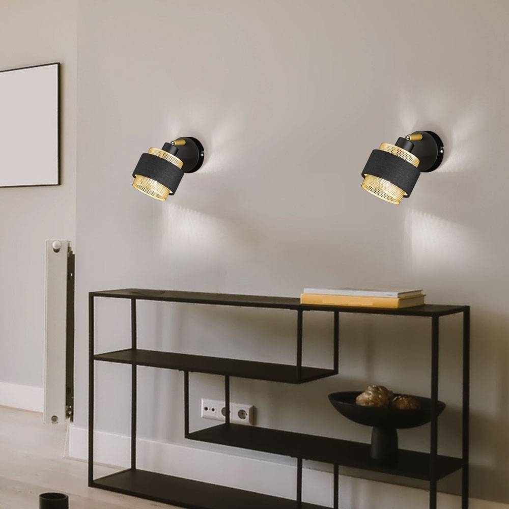 Wandleuchte Wohnzimmerlampe Flurleuchte Wandlampe mit beweglichem Spot, Metall Holz Textil, 1x E14 Fassung, LxBxH 10x13,5x17 cm, 2er Set