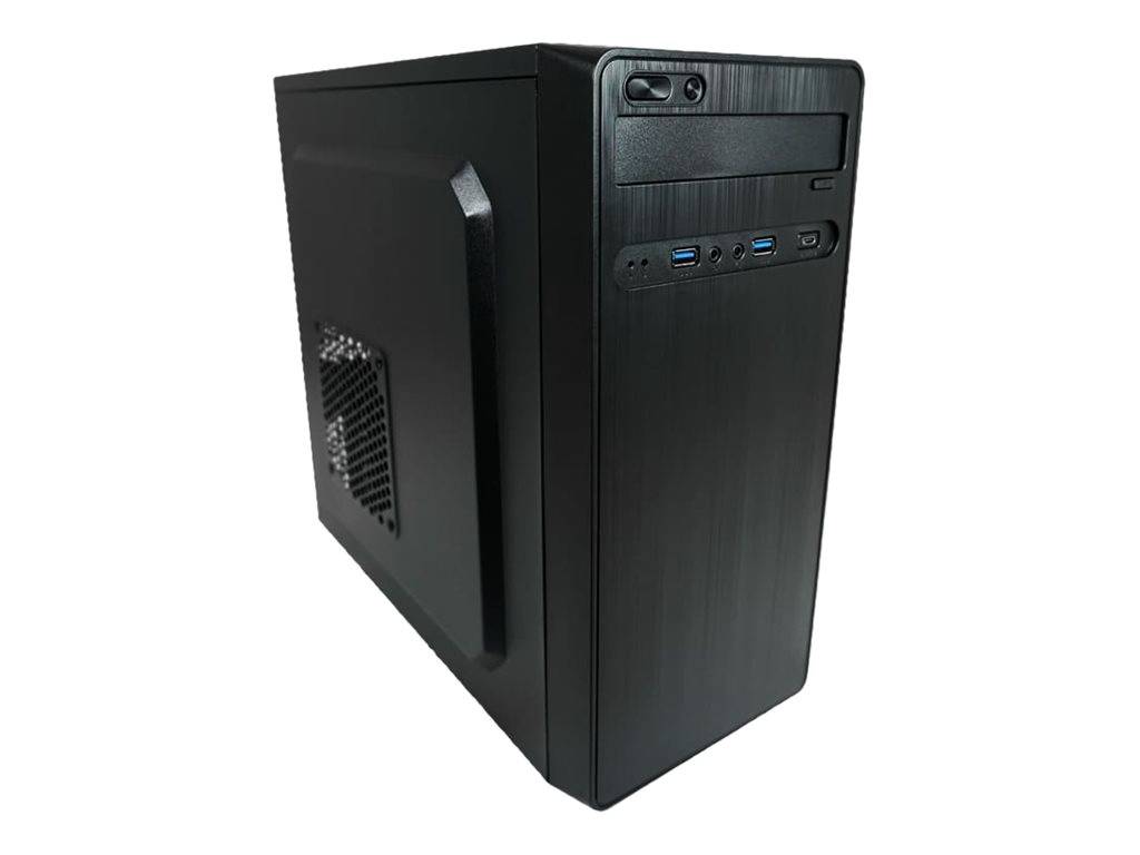 Ein Desktop-Computergehäuse mit einer schwarzen gebürsteten Oberfläche, ausgestattet mit einer Einschalttaste, USB-Anschlüssen und einem optischen Laufwerk auf der Frontblende.
