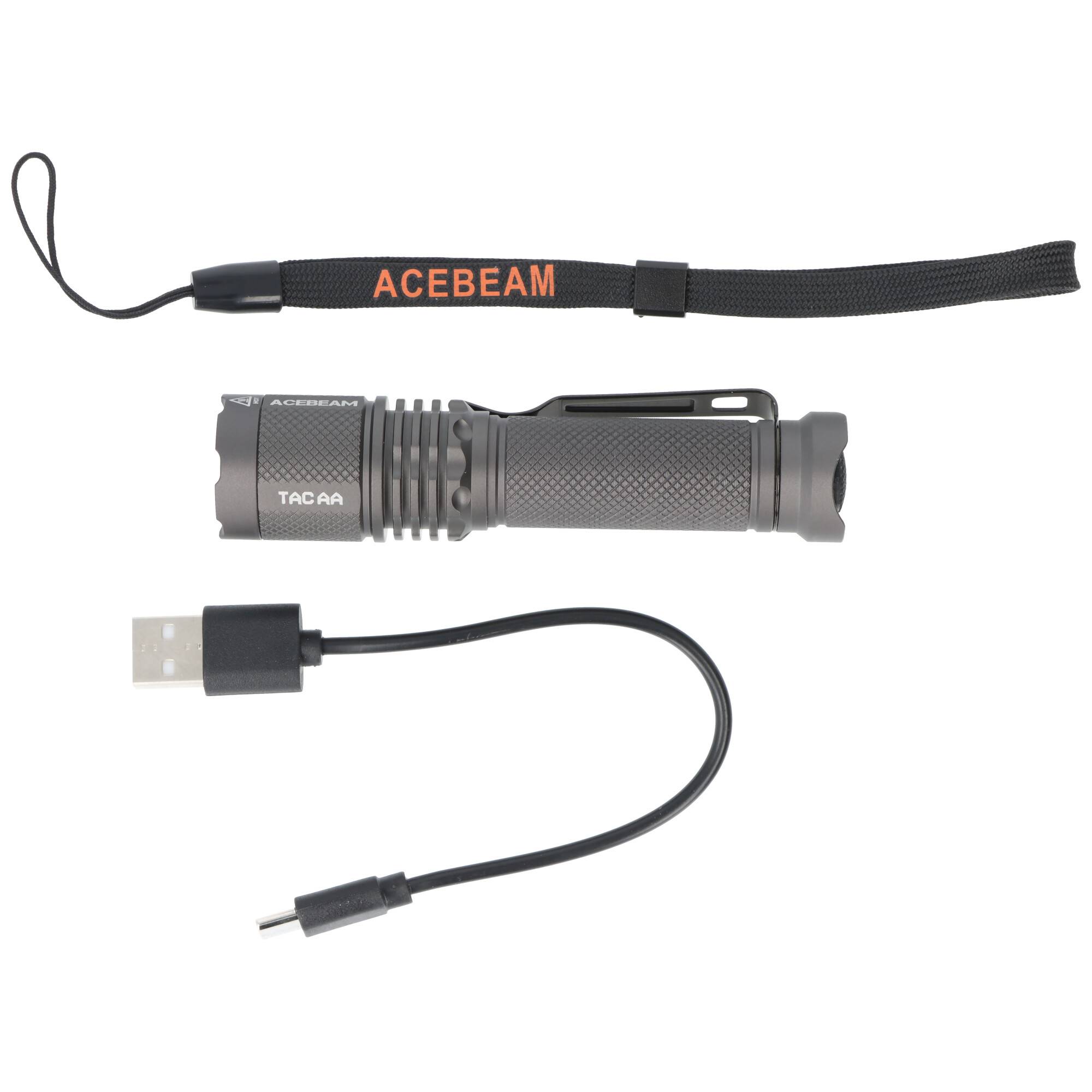AceBeam TAC AA LED-Taschenlampe mit bis zu 750 Lumen, 5.000K, schwarz, inklusive 14500 Li-Ion Akku mit USB-C Ladeanschlu