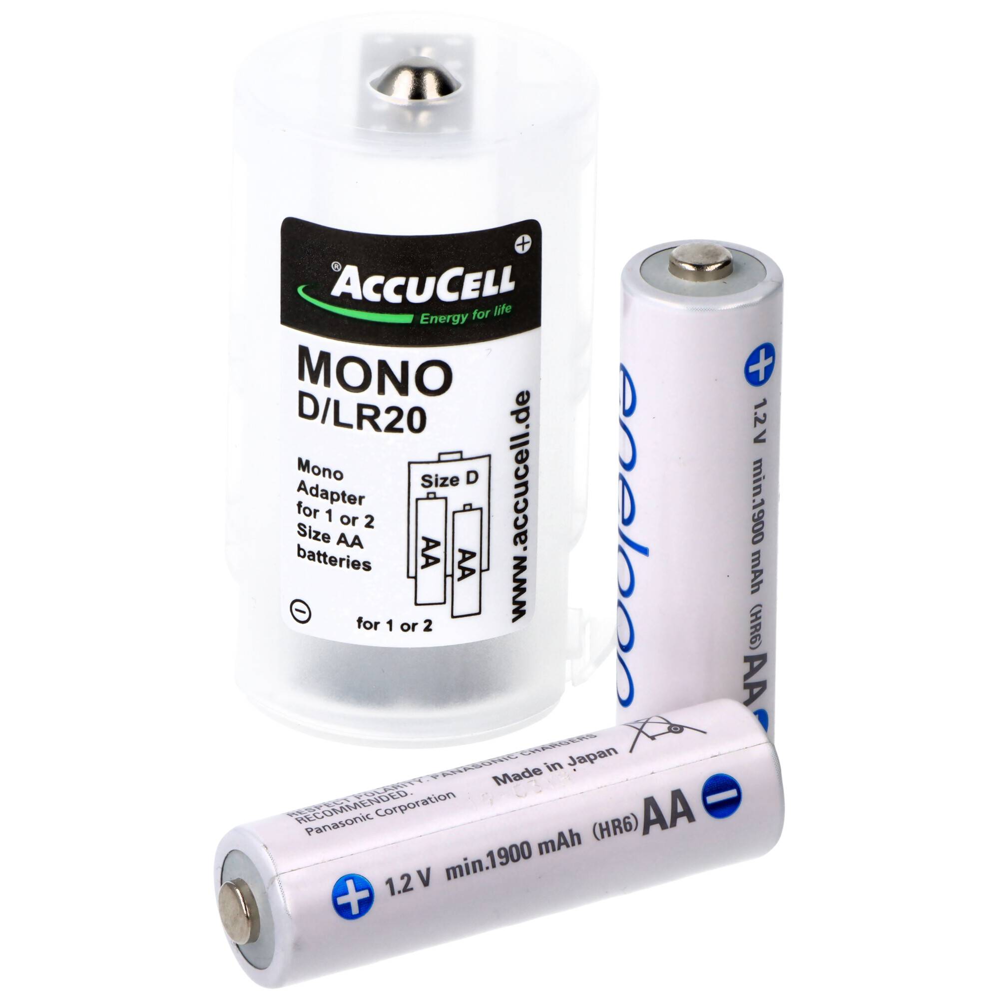 AccuCell Adapter D, Mono, LR20 und Panasonic eneloop 2-Pack BK-3MCDE/2BE Akku NiMH, Mignon, AA, HR06, 1.2V und 2000mAh