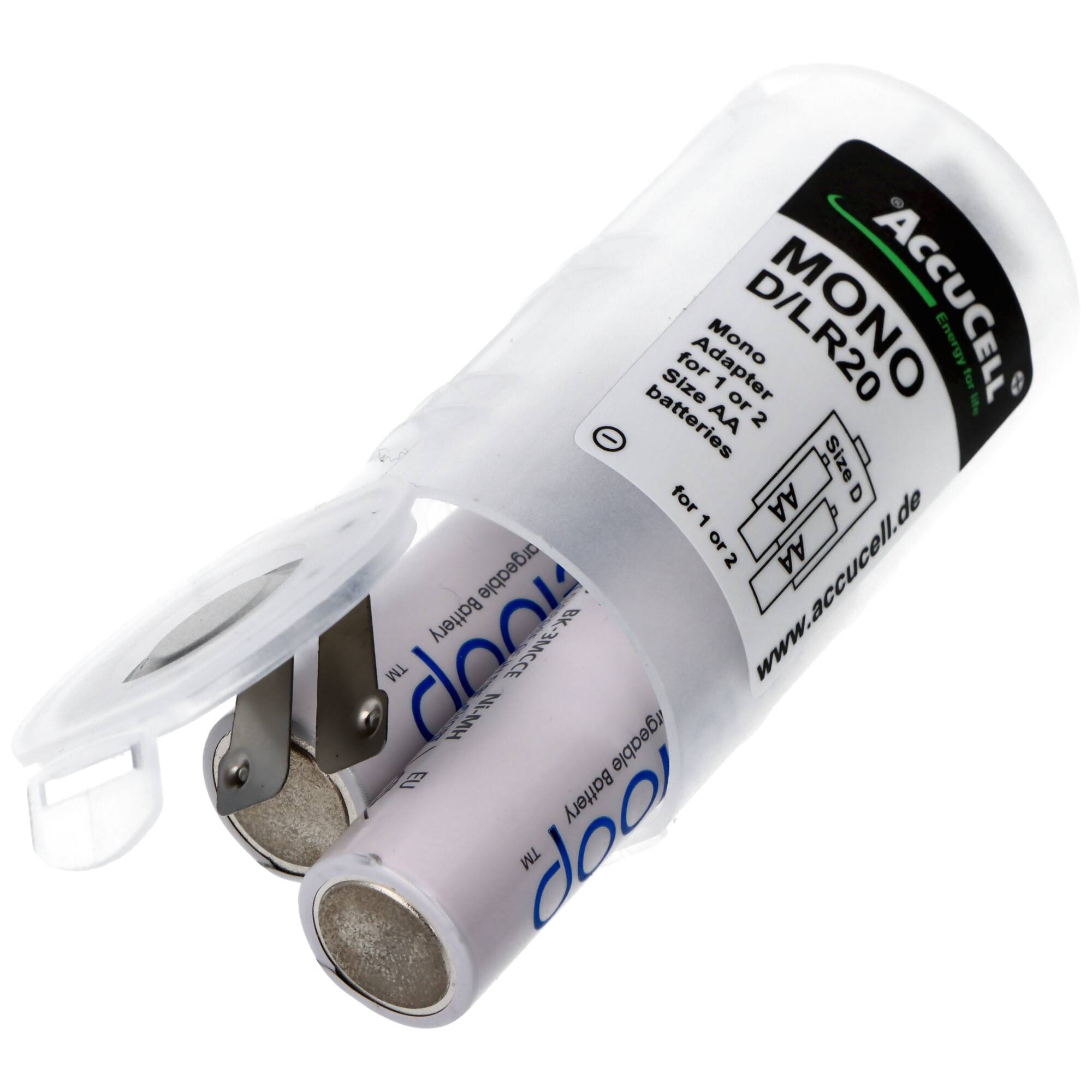 AccuCell Adapter D, Mono, LR20 und Panasonic eneloop 2-Pack BK-3MCDE/2BE Akku NiMH, Mignon, AA, HR06, 1.2V und 2000mAh