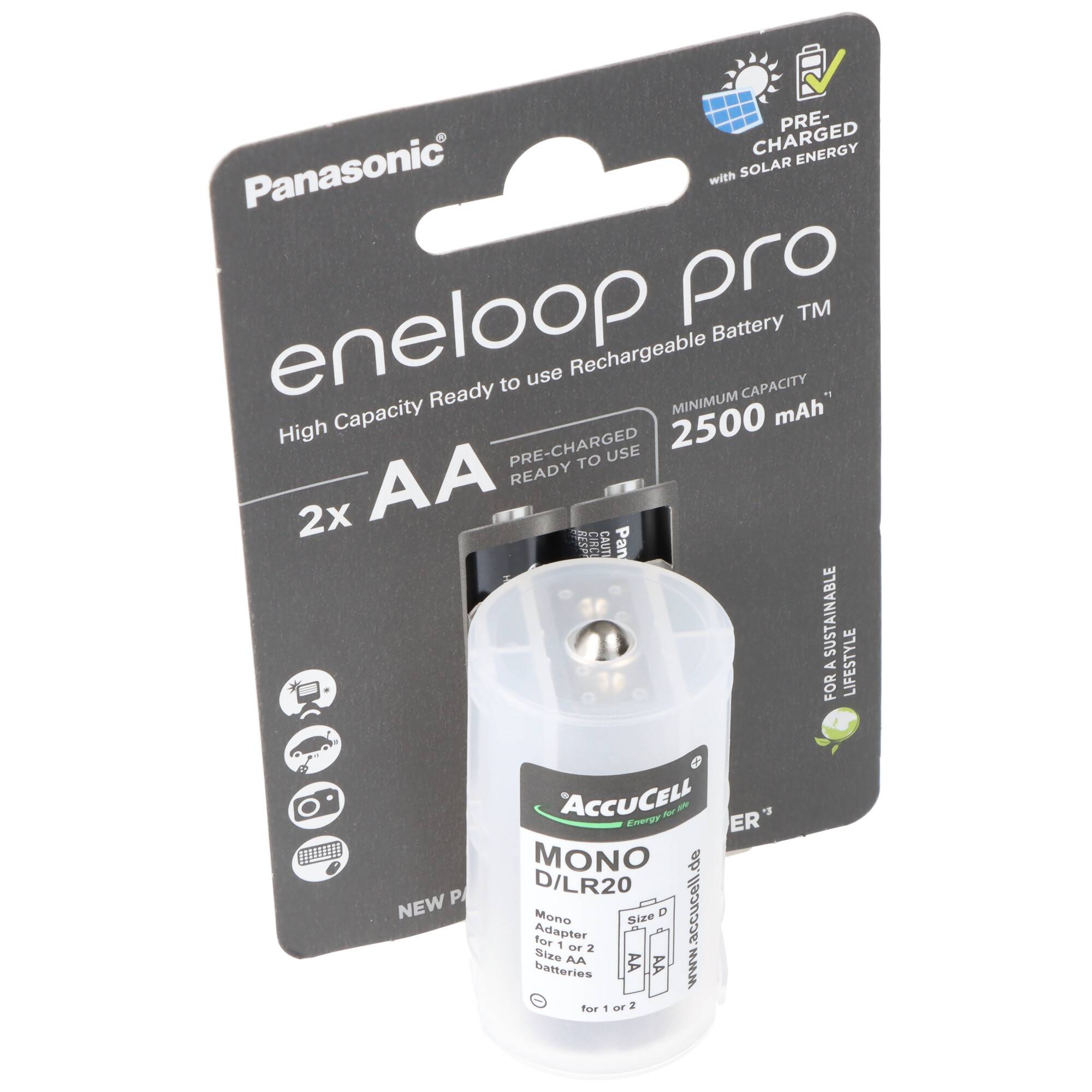 Panasonic eneloop Mono 5000mAh bestehend aus 1x AccuCell Adapter D und 2x eneloop pro AA