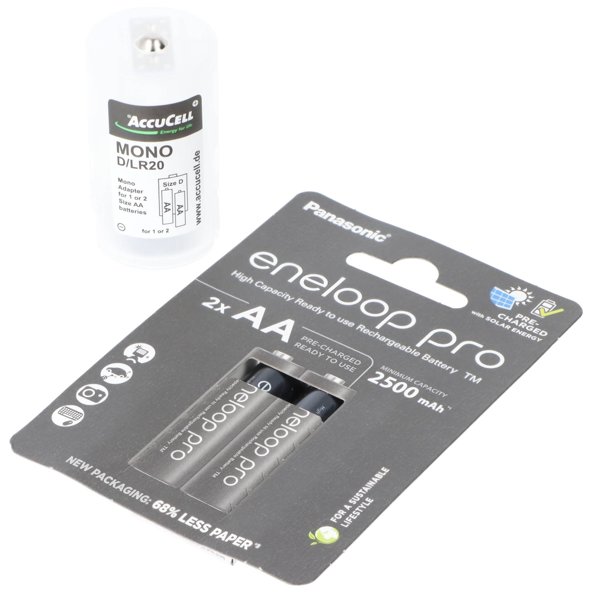 Panasonic eneloop Mono 5000mAh bestehend aus 1x AccuCell Adapter D und 2x eneloop pro AA