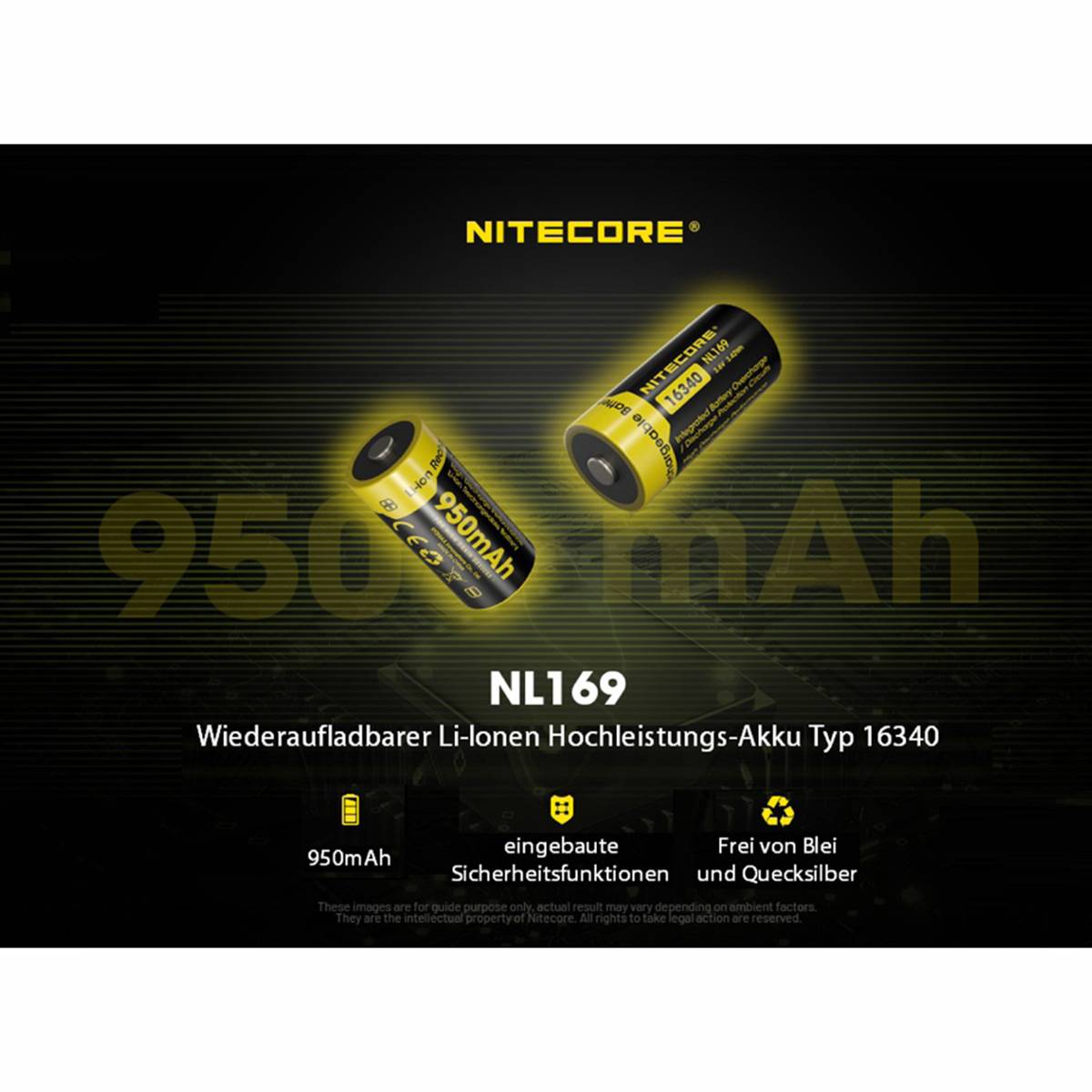 Nitecore NL169 - 16340 Li-Ion Akku 950mAh mit 2A