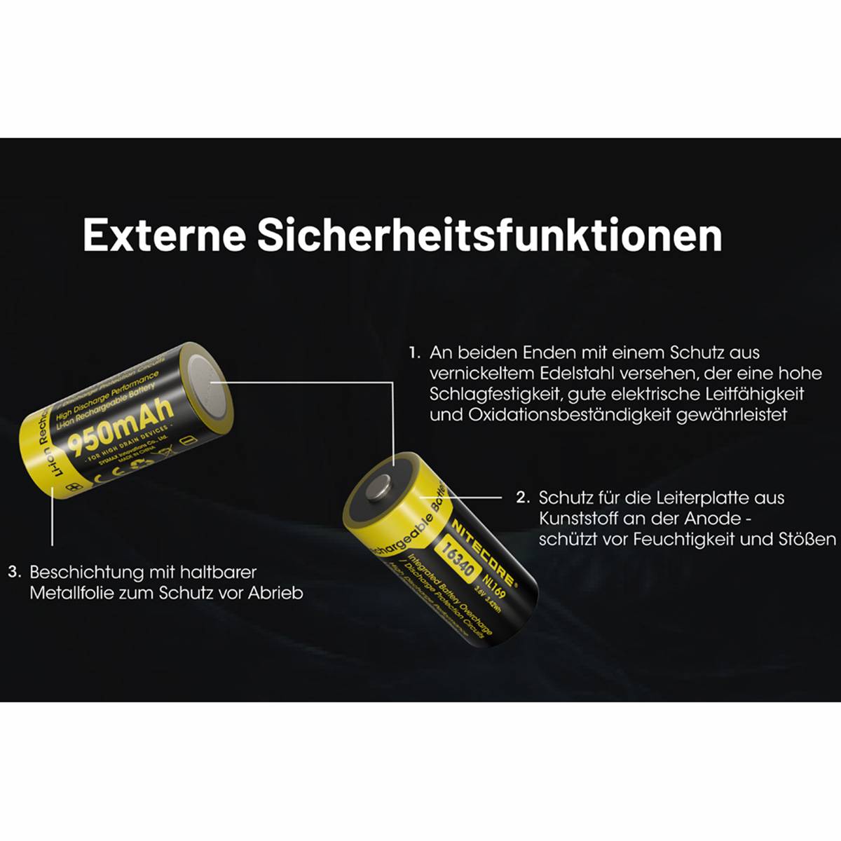 Nitecore NL169 - 16340 Li-Ion Akku 950mAh mit 2A