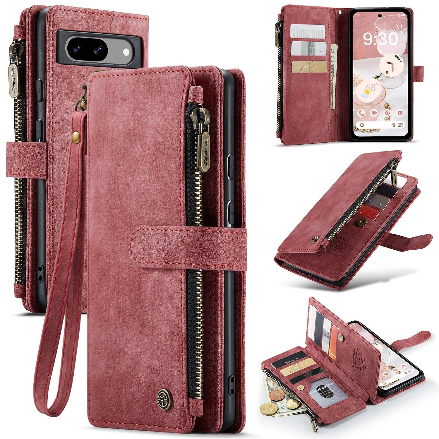 Für Google Pixel 8a Kunstleder Multifunktion Zipper Wallet Tasche Rot