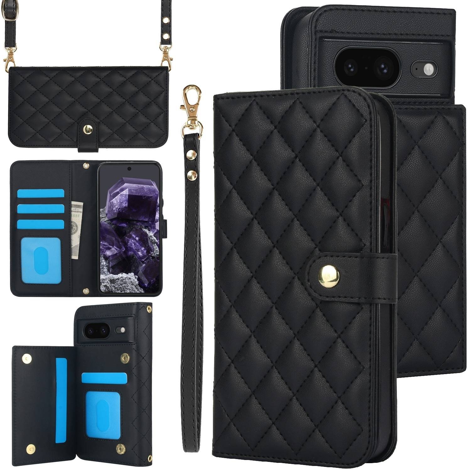 Für Google Pixel 8a Kunstleder Multifunktion Wallet Tasche Schwarz