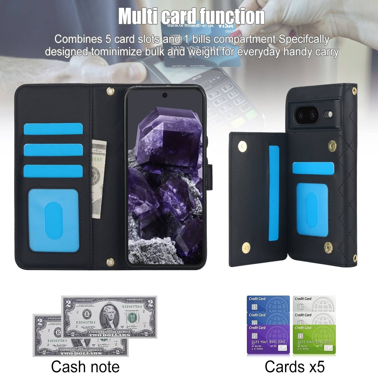 Für Google Pixel 8a Kunstleder Multifunktion Wallet Tasche Schwarz