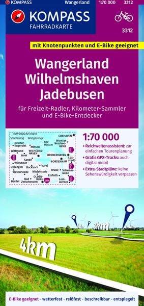 KOMPASS Fahrradkarte 3312 Wangerland, Wilhelmshaven, Jadebusen mit Knotenpunkten 1:70.000