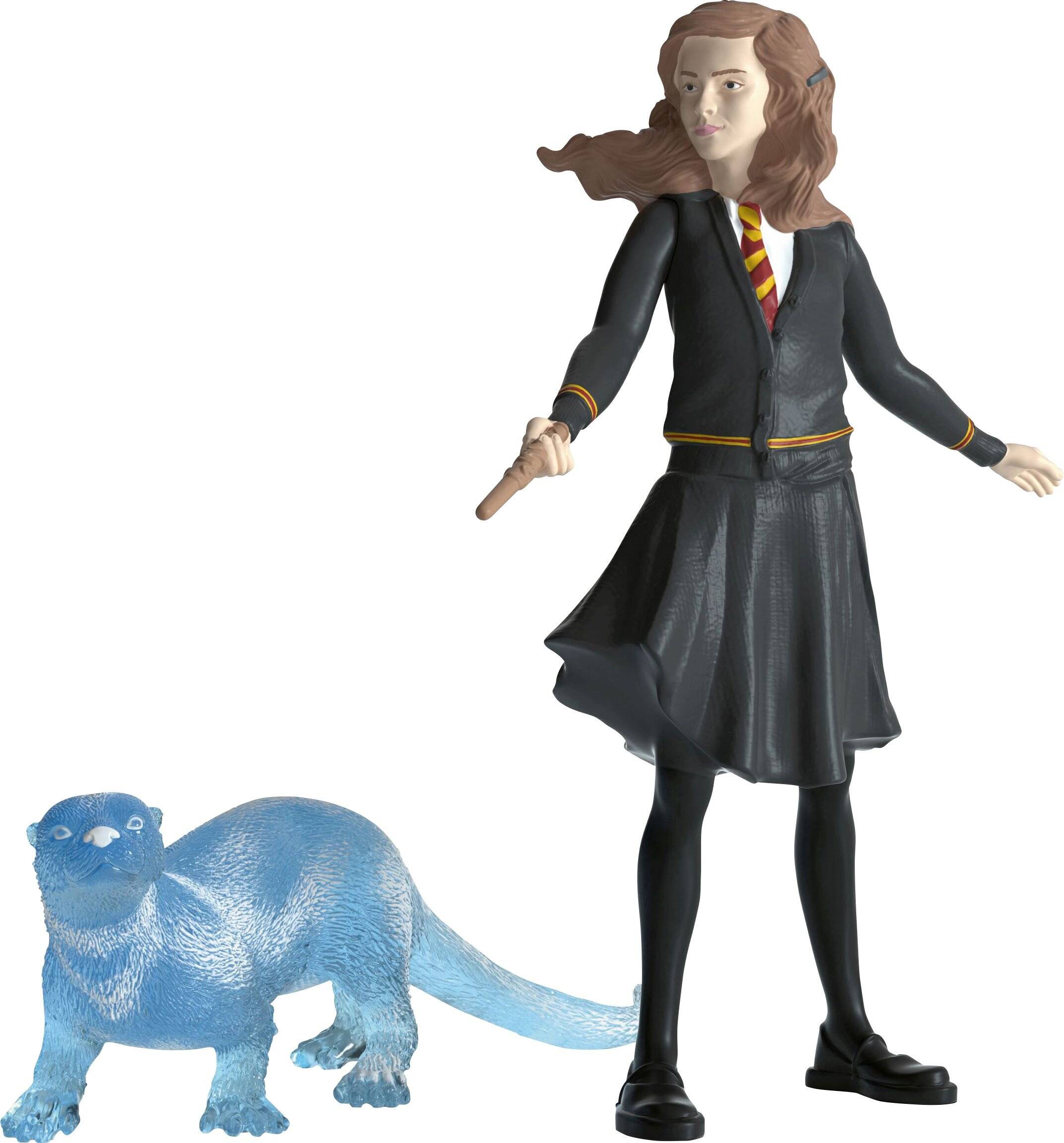 Eine Harry-Potter-Figur steht neben einer blauen katzenähnlichen Kreaturfigur auf einem schlichten weißen Hintergrund.