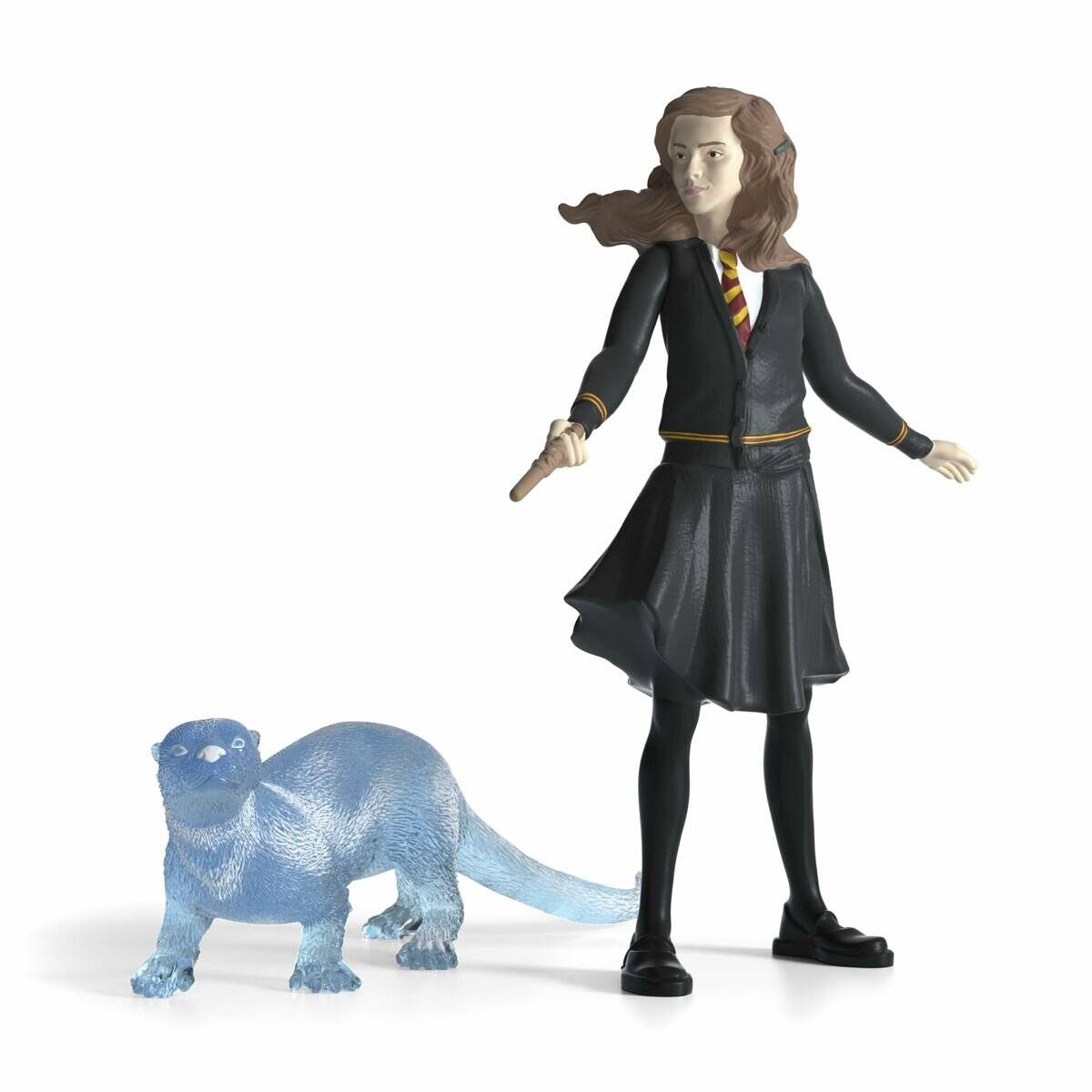 Ein Schüler in einer schwarzen Schuluniform steht neben einer durchscheinenden blauen magischen Tierfigur auf weißem Hintergrund.