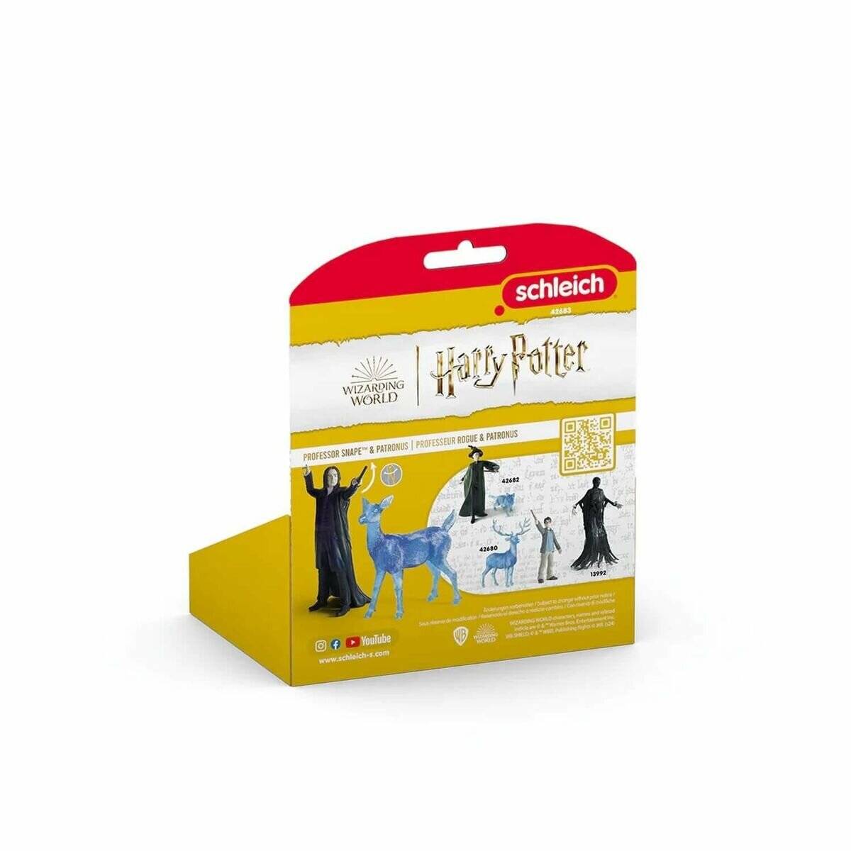 Schleich Harry Potter 'Zauberhafte Welt' Spielzeugfiguren-Box mit Professor Snape, einem Patronus-Hirsch und Zubehörbildern auf einer gelben Verpackung.