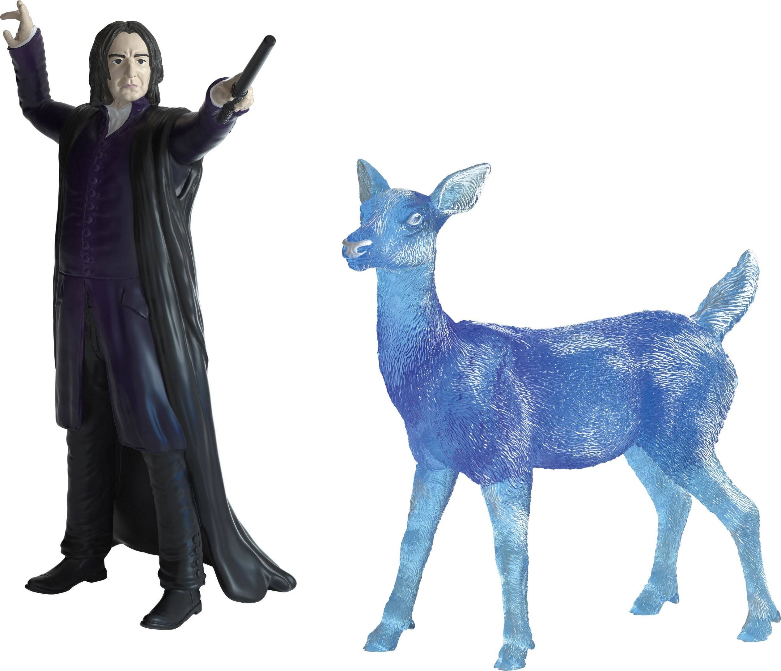 Actionfigur eines dunkelgewandeten Zauberers mit erhobener Zauberstab neben einer blauen hirschähnlichen Tierfigurine auf weißem Hintergrund.