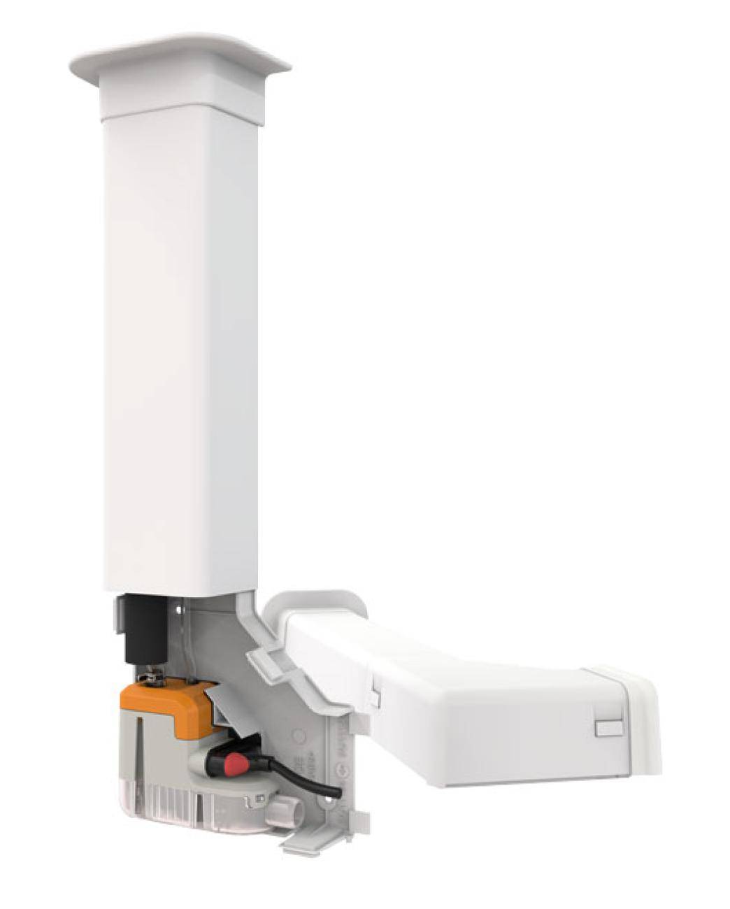 Querschnitt eines wandmontierten Geräts mit einem hohen vertikalen Gehäuse und einem beweglichen horizontalen Arm, der einen internen Motor und die Verkabelung zeigt.