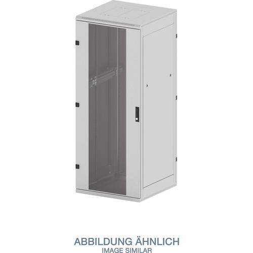 Ein silberner, aufrechter Serverrack mit Glastür, Lüftungsschlitzen und mehreren Seitenpanels. Text unten liest: Abbildung ähnlich.
