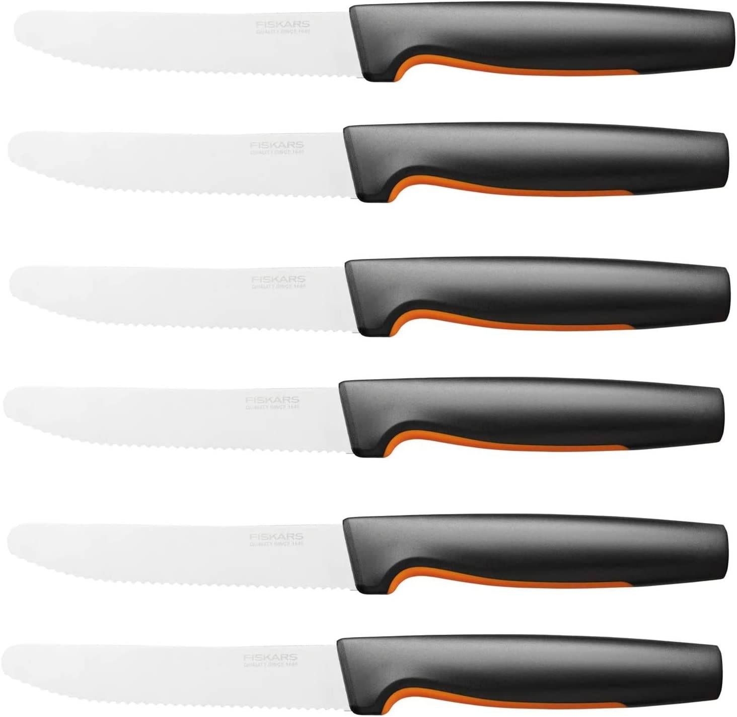 Fiskars 6 Stück Tafelmesser - Tomatenmesser Functional Form mit Wellenschliff rostfrei - Japanischer Edelstahl/Kunststoff - Schwarz/Orange