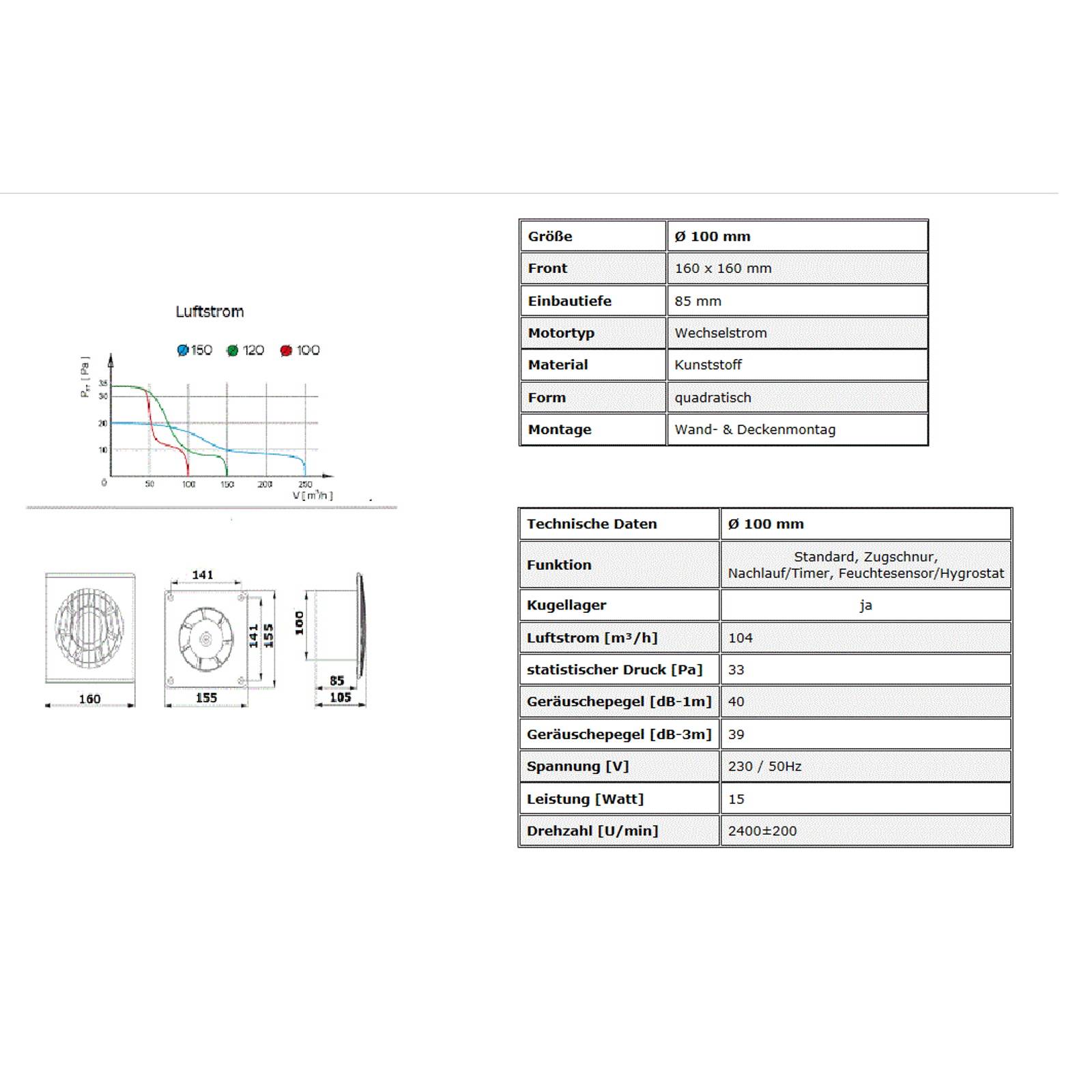 Badventilator Lüfter Ventilator Wohnraum Badezimmer Zuluft Abluft Belüftung Ø 100 grau Standard