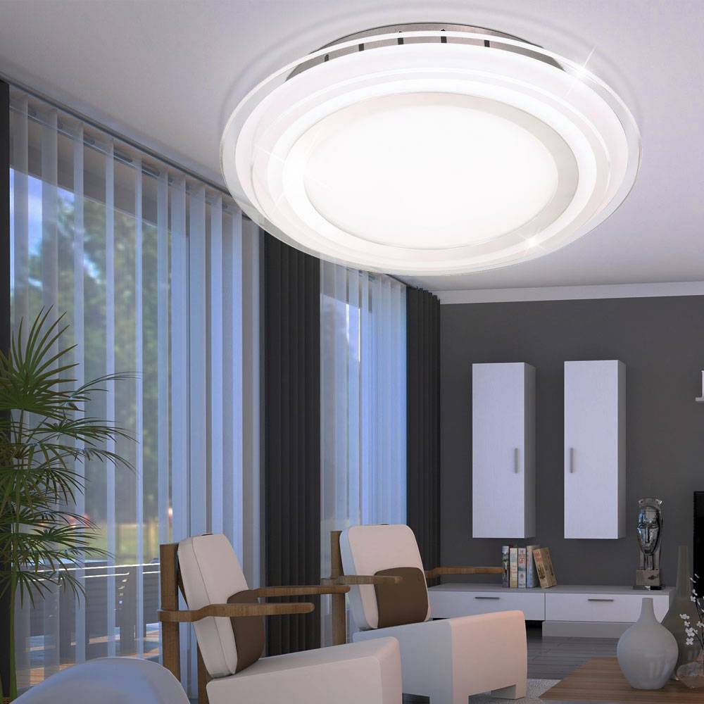 Deckenleuchte Chrom LED Deckenlampe Schlafzimmerlampe Wohnzimmerleuchte, Glas Metall silber, 1x 17,5W 1550lm 3000K warmweiß, DxH 30x7,2 cm, 2er Set