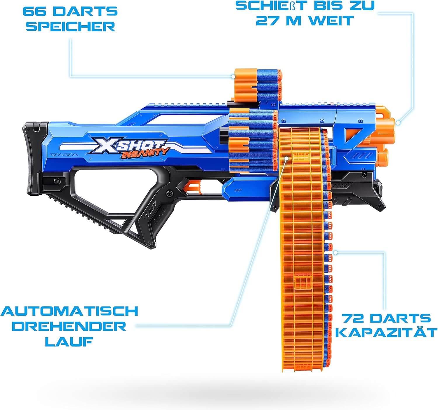 ZURU 36609; 36653 - X-Shot Insanity Mad Mega Barrel Blaster mit 72 Darts - Dartblaster