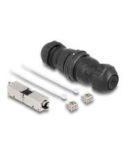 Glasfaserkabel-Steckerverbinder-Kit mit schwarzem zylindrischem wasserdichtem Stecker, Metallkupplung, zwei weißen Muffen und zwei kleinen Klemmenblöcken auf weißem Hintergrund