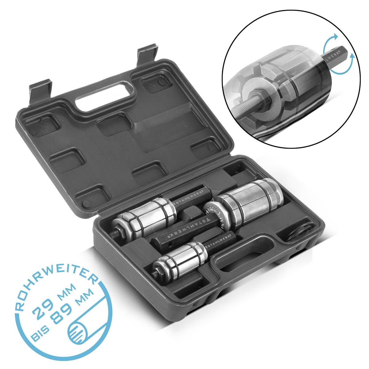 STAHLWERK Rohrweiter Set 29-89 mm 3-teiliger Auspuff Rohraufweiter, Rohrspreizer