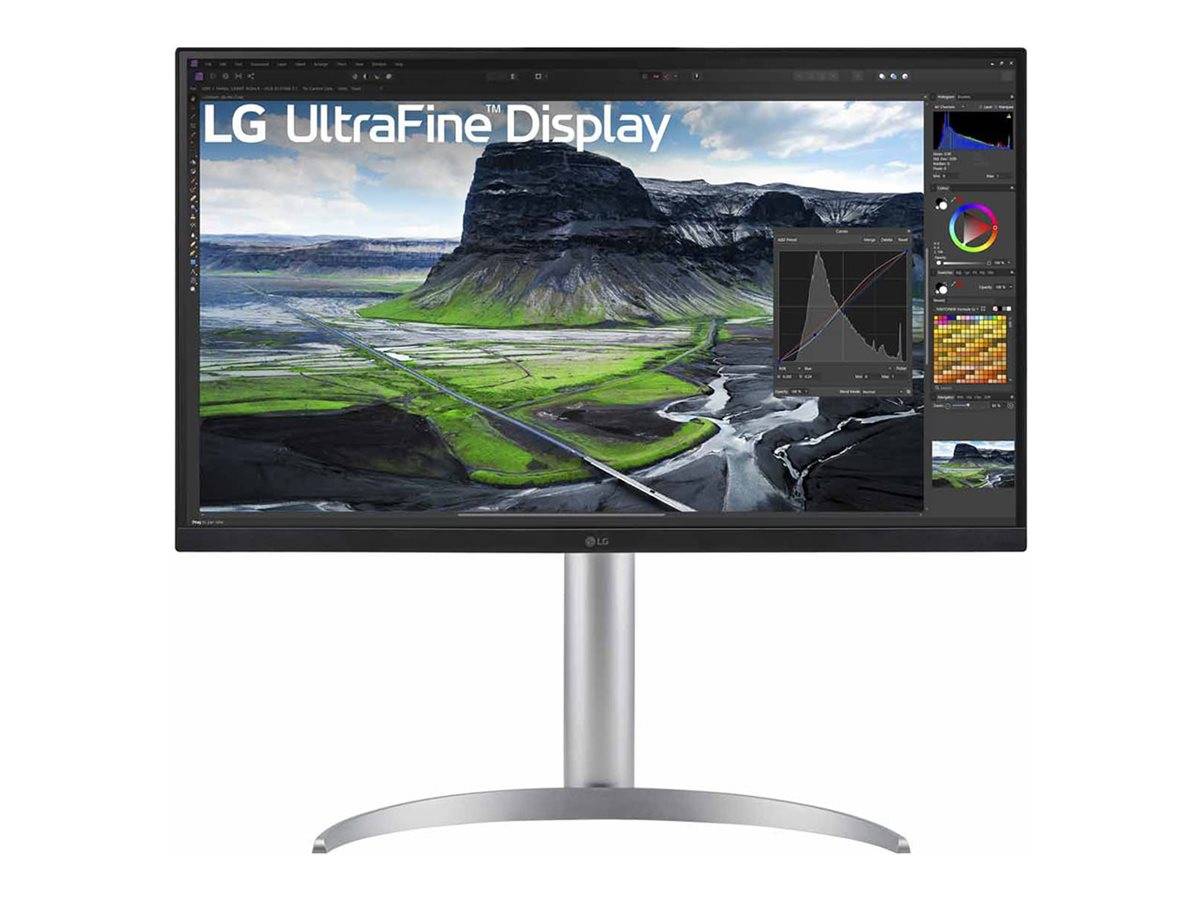 LG UltraFine Display-Monitor, der eine Fotobearbeitungsoberfläche mit einem Landschaftsbild und Anpassungsfenstern auf dem Bildschirm anzeigt.