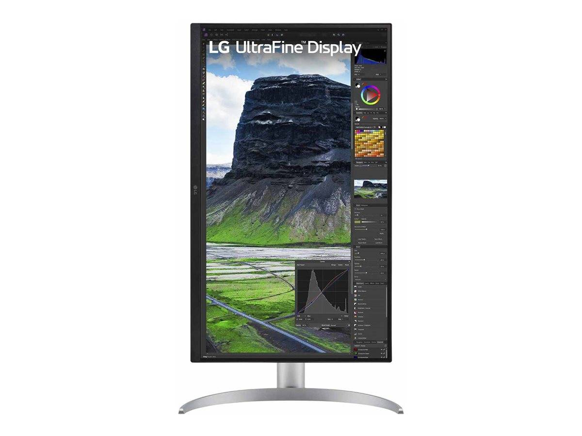 Vorderansicht eines LG UltraFine Display-Monitors mit einer Fotobearbeitungsoberfläche, die ein Berglandschaftsbild und Bearbeitungswerkzeuge auf der rechten Seite zeigt.