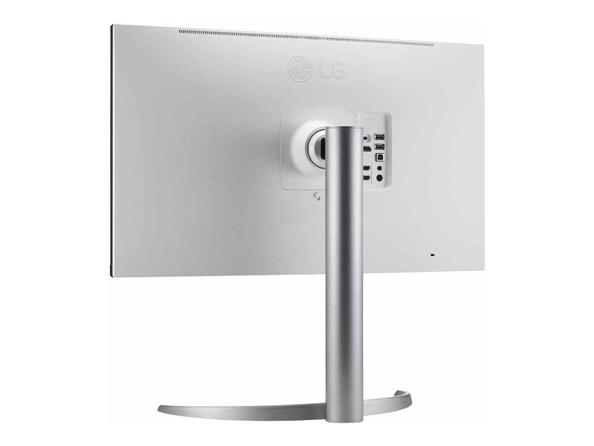 Rückansicht eines LG-Computermonitors mit silbernem Ständer, der die zentrale Halterung und die seitlichen Steuerungstasten auf einfachem weißem Hintergrund zeigt
