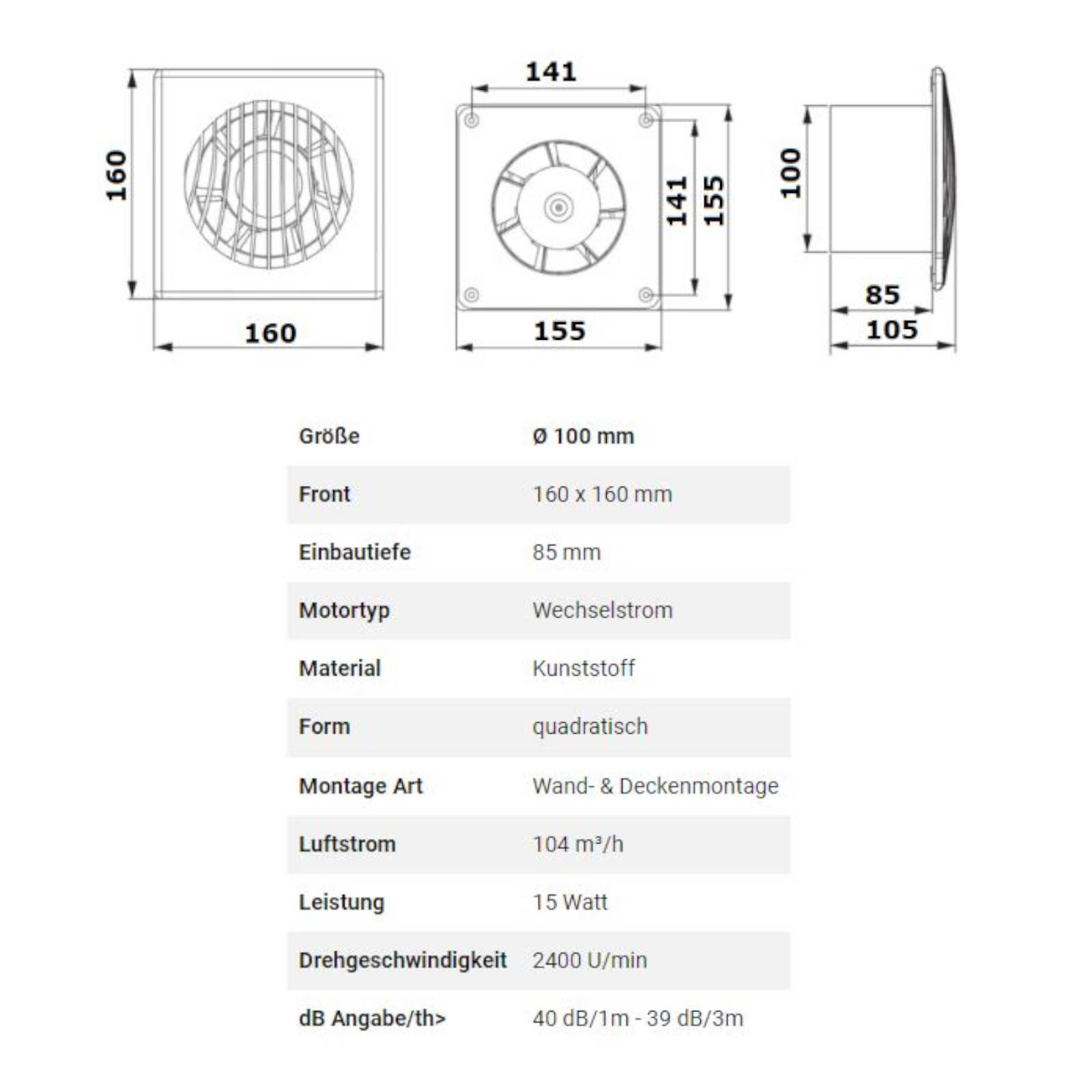 Lüfter Badlüfter Badventilator Wohnraumlüfter Badezimmer Ø 100 mm weiß Standard