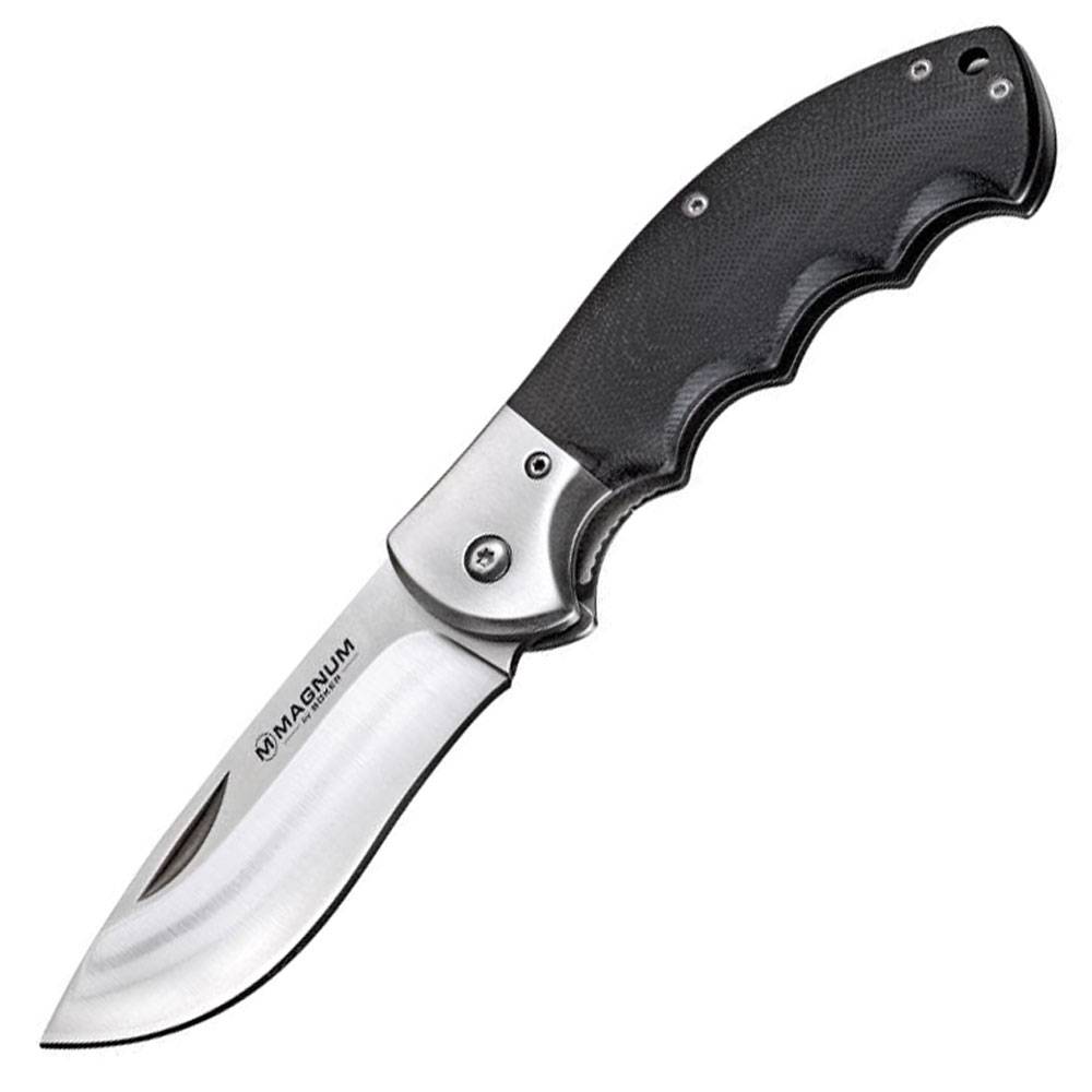 Taschenmesser mit schwarzem Griff und Klappmechanismus mit silberner Klinge auf weißem Hintergrund abgebildet.