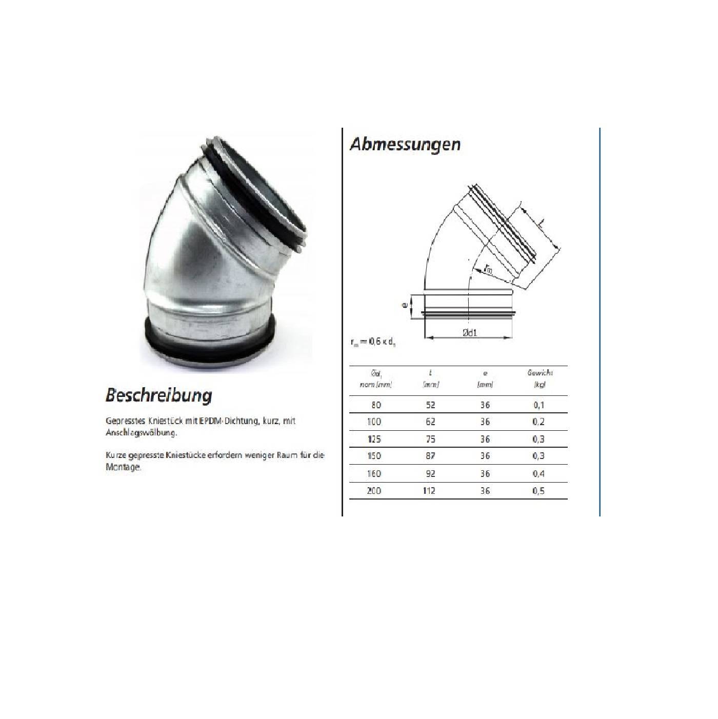 45° Bogen Wickelfalzrohr Lippendichtung Winkel Gummilippe Ø 160 mm