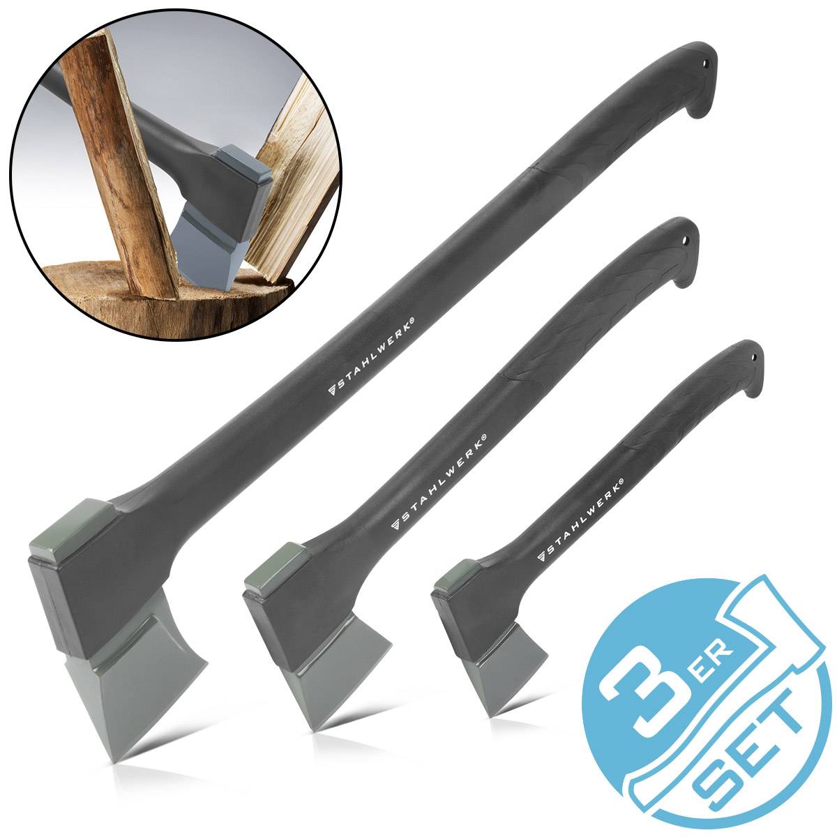 STAHLWERK Axt 3er Set 355/ 445/ 775 mm Beil aus Carbon-Stahl mit Fiberglas-Griff