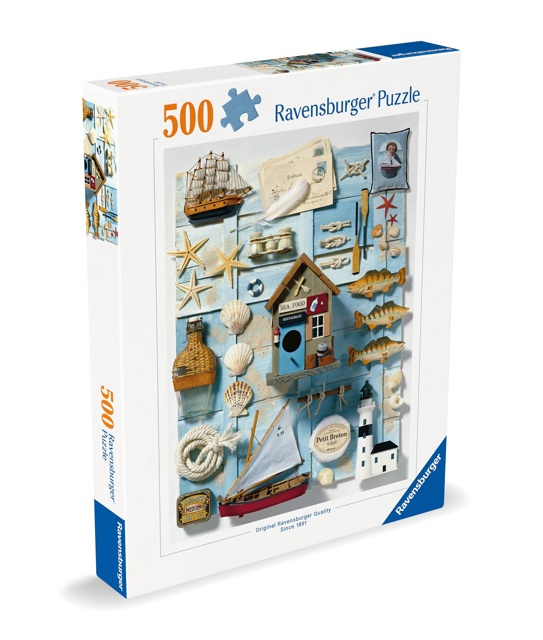 Ravensburger 500-teiliges Puzzlespiel mit einer Strandcollage mit Booten, Muscheln, Seesternen, einem Leuchtturm und Strandmotiven.