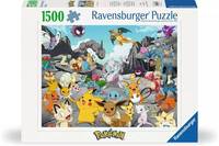 Ravensburger 1500-teiliges Pokémon-Puzzle mit Schachtel, das viele Pokémon-Charaktere in einer farbenfrohen Szene zeigt, mit dem Pokémon-Logo am unteren Rand.