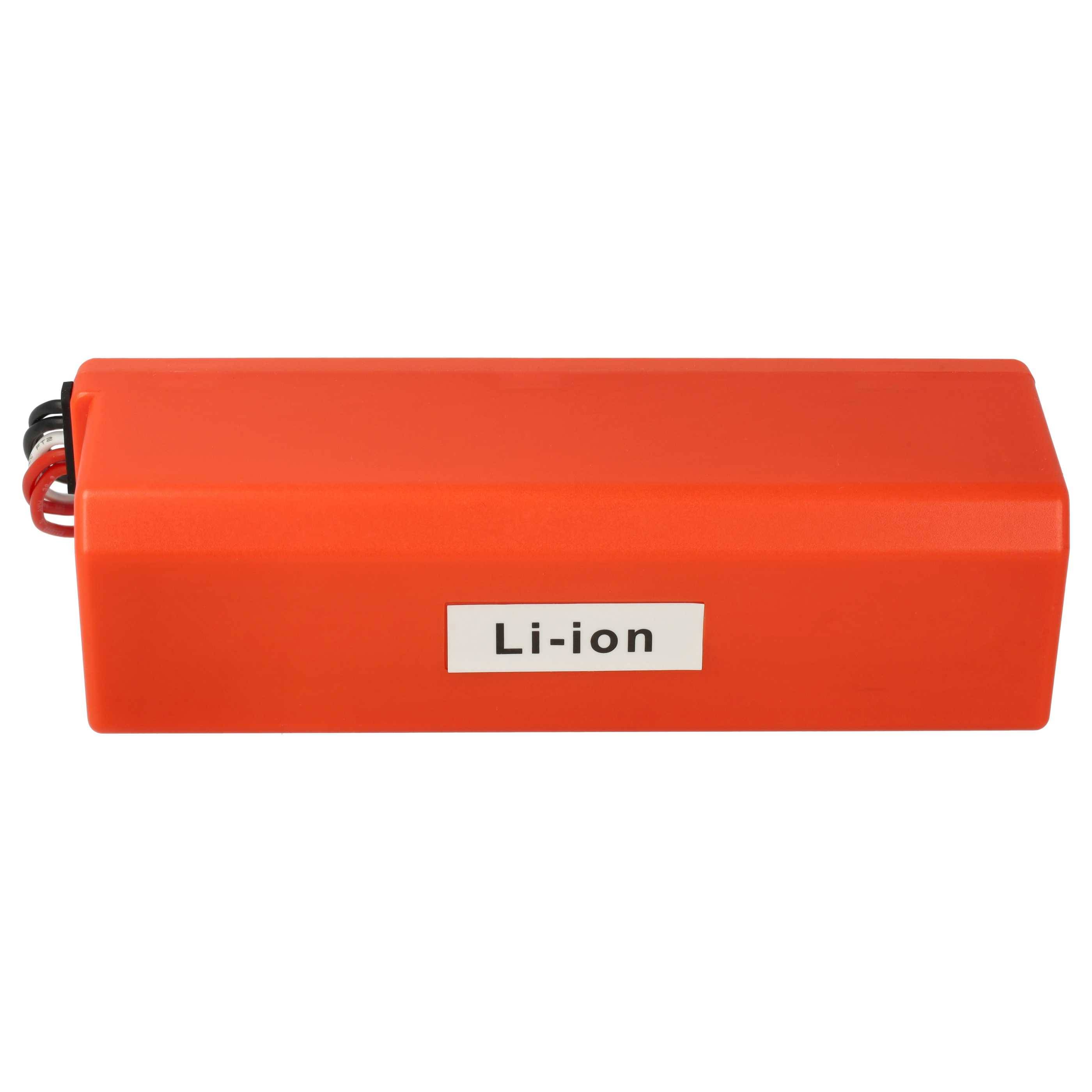 Eine rechteckige, rote Lithium-Ionen-Batterie mit der Aufschrift „Li-ion