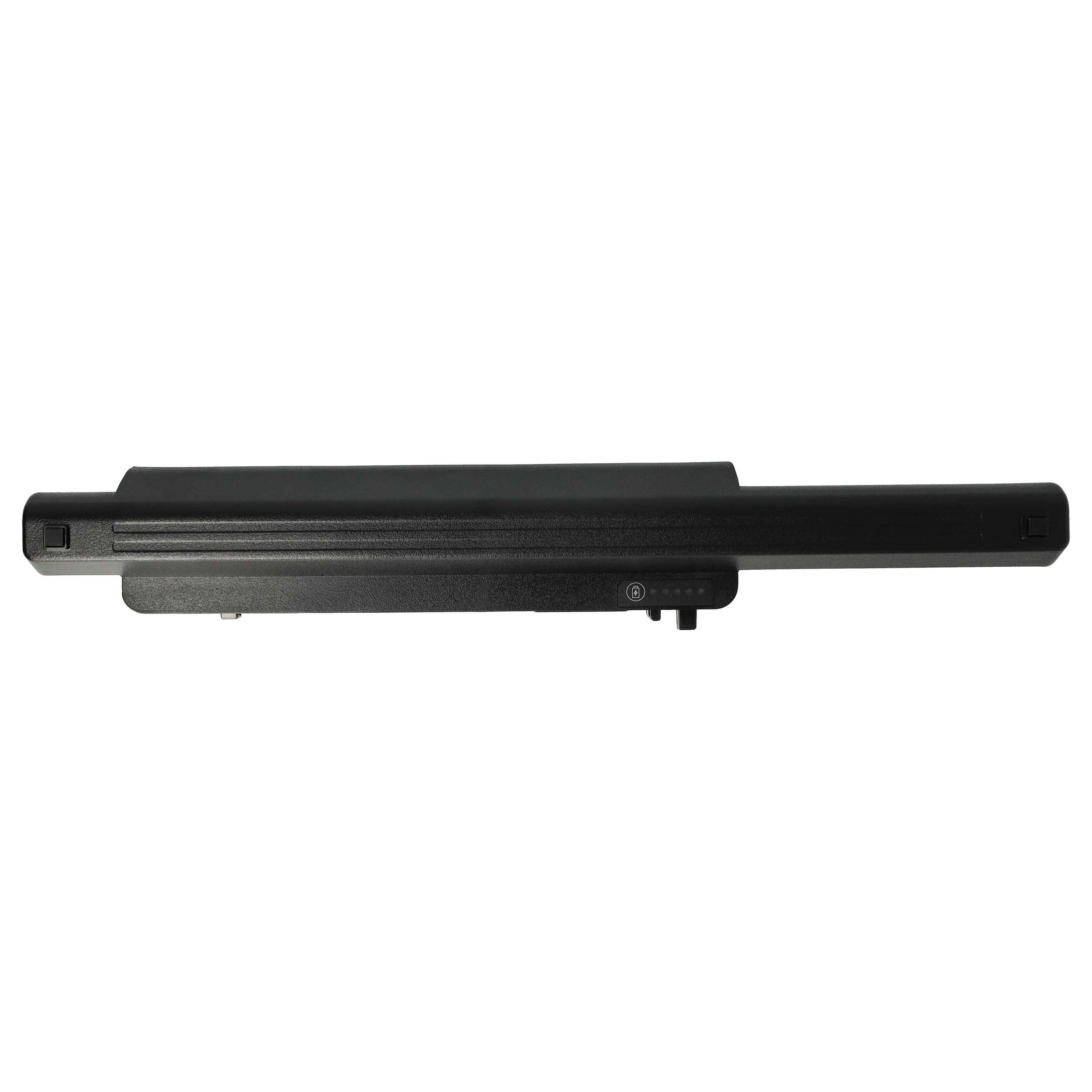 Eine schwarze Laptop-Batterie liegt horizontal und zeigt ihre rechteckige Form und flaches Design, mit einem sichtbaren Stromstecker auf einer Seite.