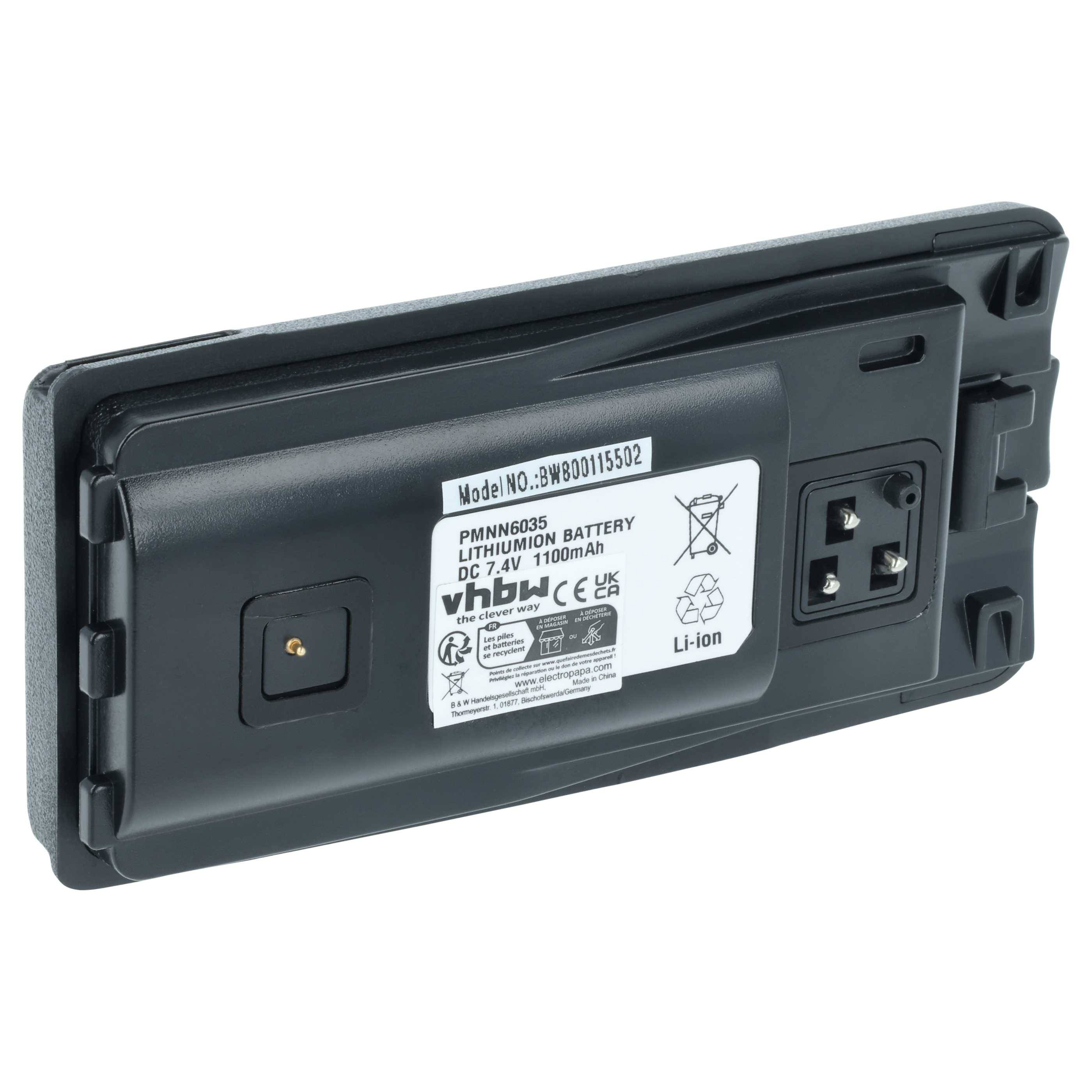 Ein Lithium-Ionen-Akkupack mit der Modellnummer PMNN6035, 7,4V, 1100mAh Kapazität und verschiedene Zertifizierungssymbole auf dem Etikett.