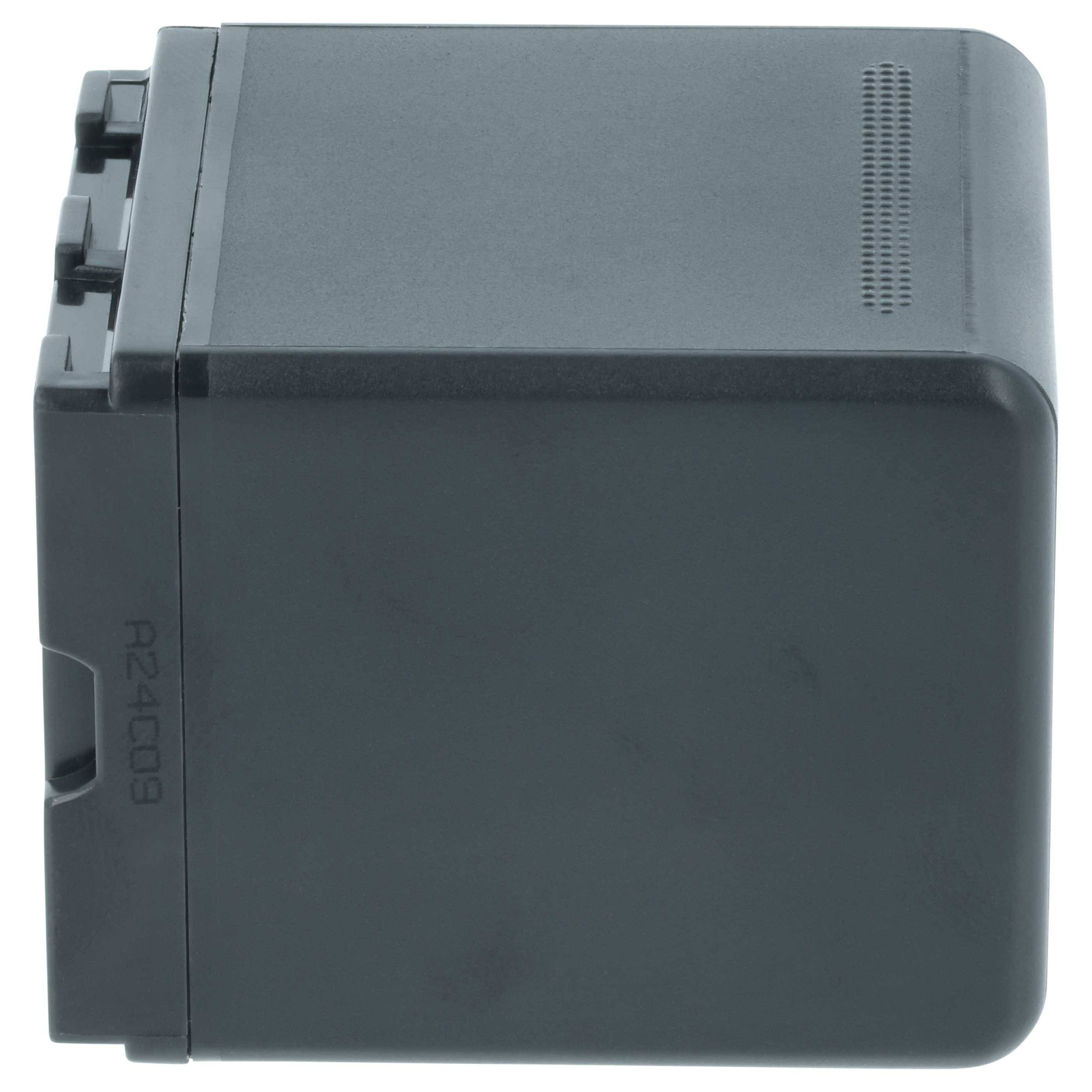 Ein schwarzes aufladbares Batteriepack mit Anschlussslots und der Modellnummer 