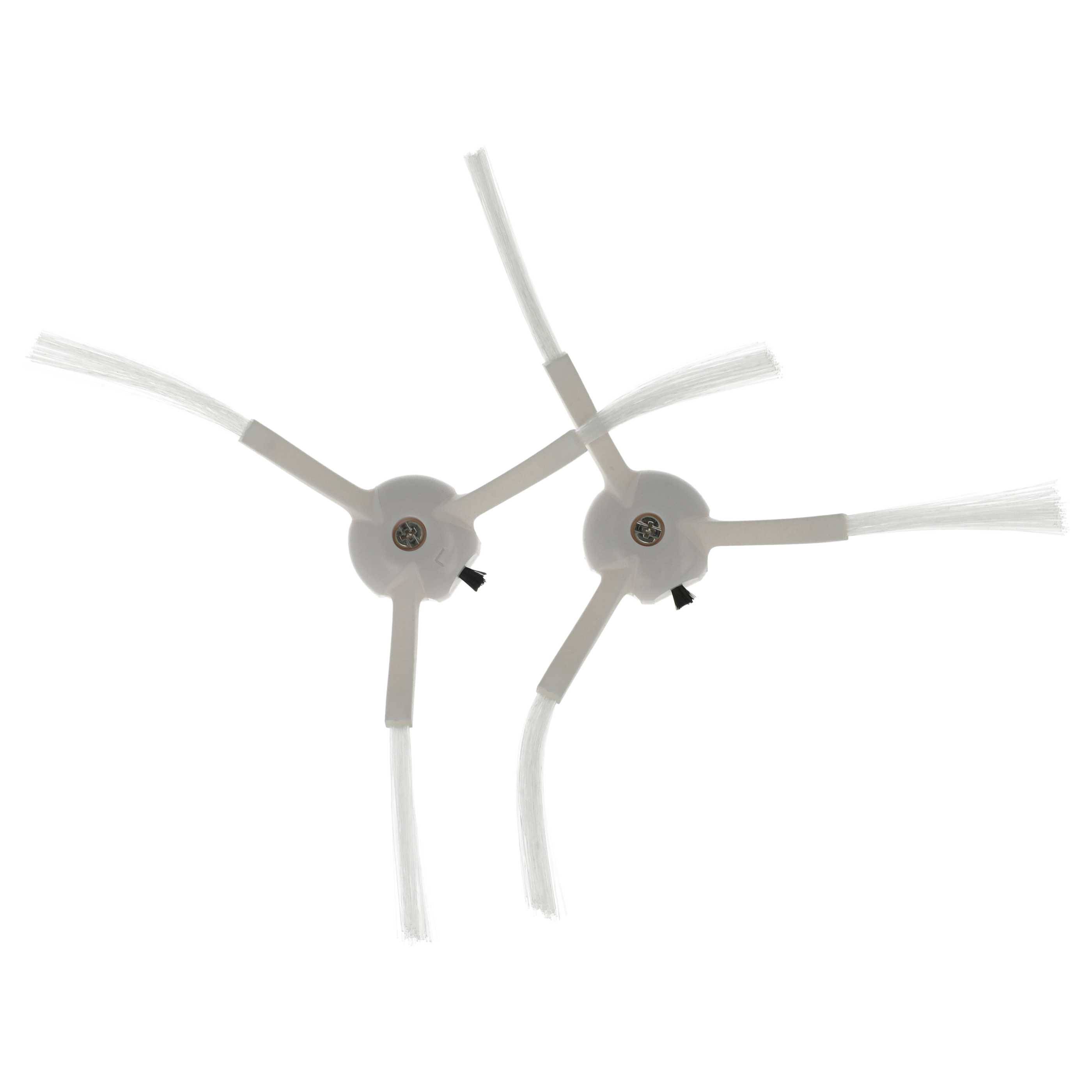 Zwei weiße Staubsauger-Seitenbürsten mit jeweils drei Borsten, zum Entfernen von Staub konzipiert, auf weißem Hintergrund.