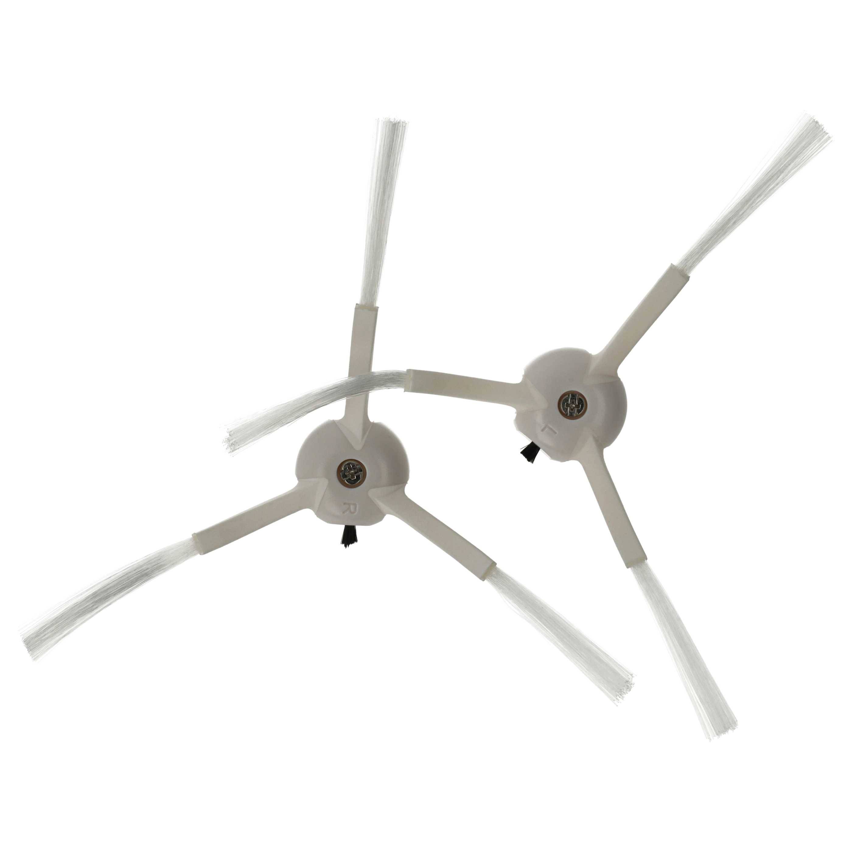 Zwei graue Roboterstaubsauger-Seitenbürsten mit jeweils drei Borsten, entwickelt zum Reinigen von Ecken und Kanten, vor einem weißen Hintergrund.