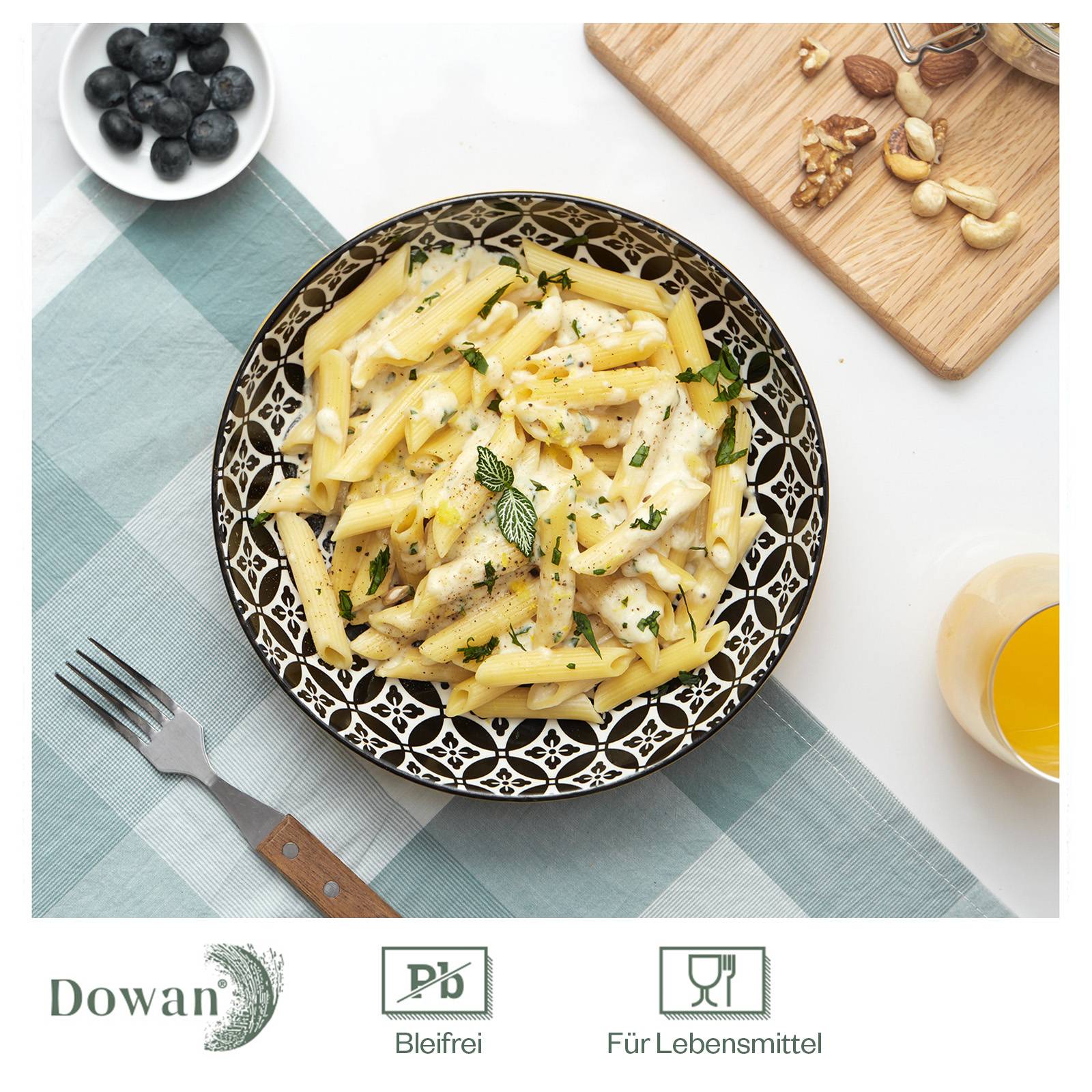 DOWAN 21cm/1L/4er-Set Vibrant Pastateller, große Salatschüsseln, Pasta-Servierschüssel aus Porzellan, Mix-Match-Muster