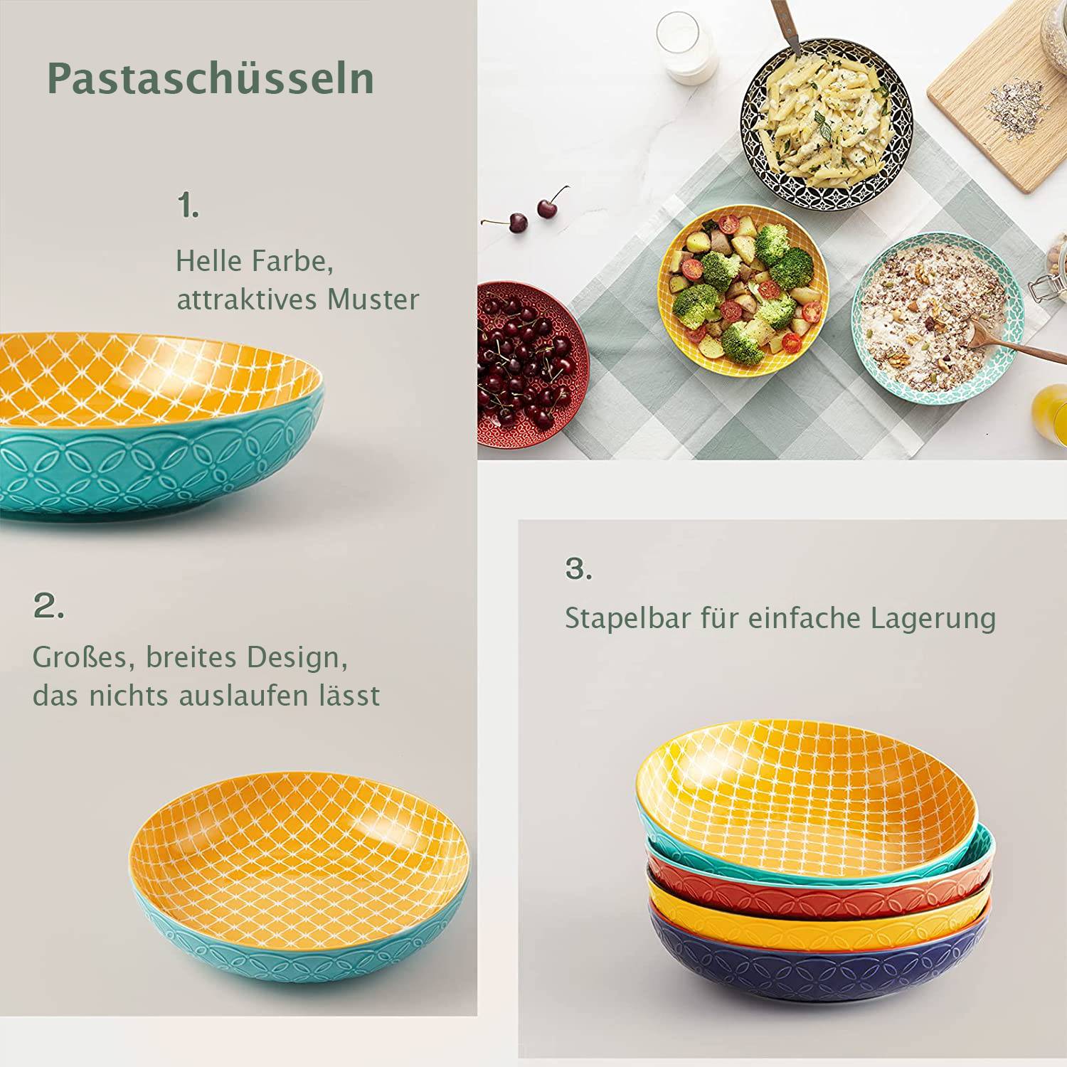 DOWAN 21cm/1L/4er-Set Vibrant Pastateller, große Salatschüsseln, Pasta-Servierschüssel aus Porzellan, Mix-Match-Muster