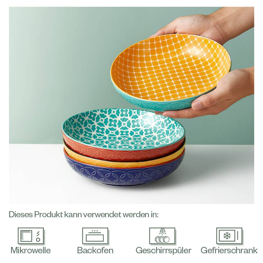 DOWAN 21cm/1L/4er-Set Vibrant Pastateller, große Salatschüsseln, Pasta-Servierschüssel aus Porzellan, Mix-Match-Muster