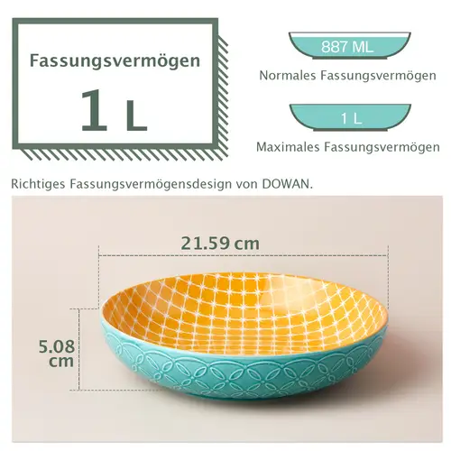 DOWAN 21cm/1L/4er-Set Vibrant Pastateller, große Salatschüsseln, Pasta-Servierschüssel aus Porzellan, Mix-Match-Muster DOWAN 21cm/1L/4er-Set Vibrant Pastateller, große Salatschüsseln, Pasta-Servierschüssel aus Porzellan, Mix-Match-Muster