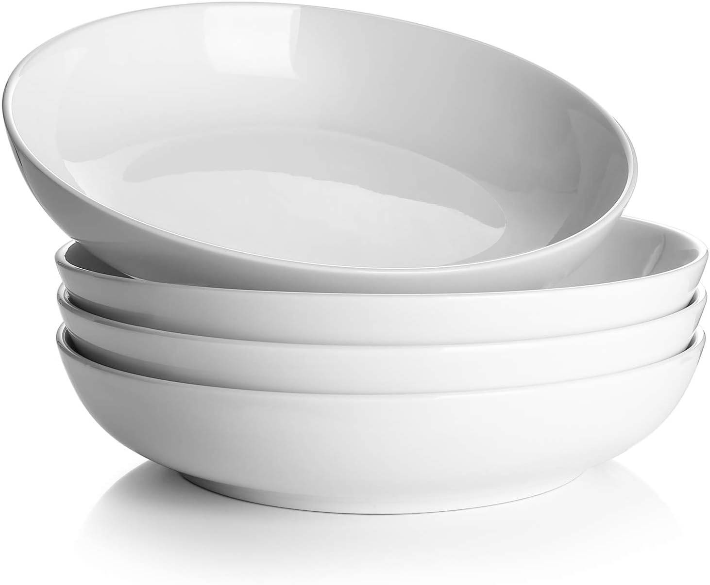DOWAN 21cm/887ml/4er-Set Pastateller,große Keramik Salat Schalen, flache Nudelschalen,große Suppenschalen,Mikrowelle und spülmaschinenfest,Weiß