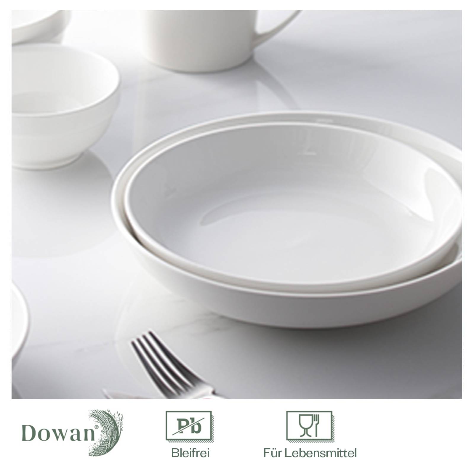 DOWAN 21cm/887ml/4er-Set Pastateller,große Keramik Salat Schalen, flache Nudelschalen,große Suppenschalen,Mikrowelle und spülmaschinenfest,Weiß