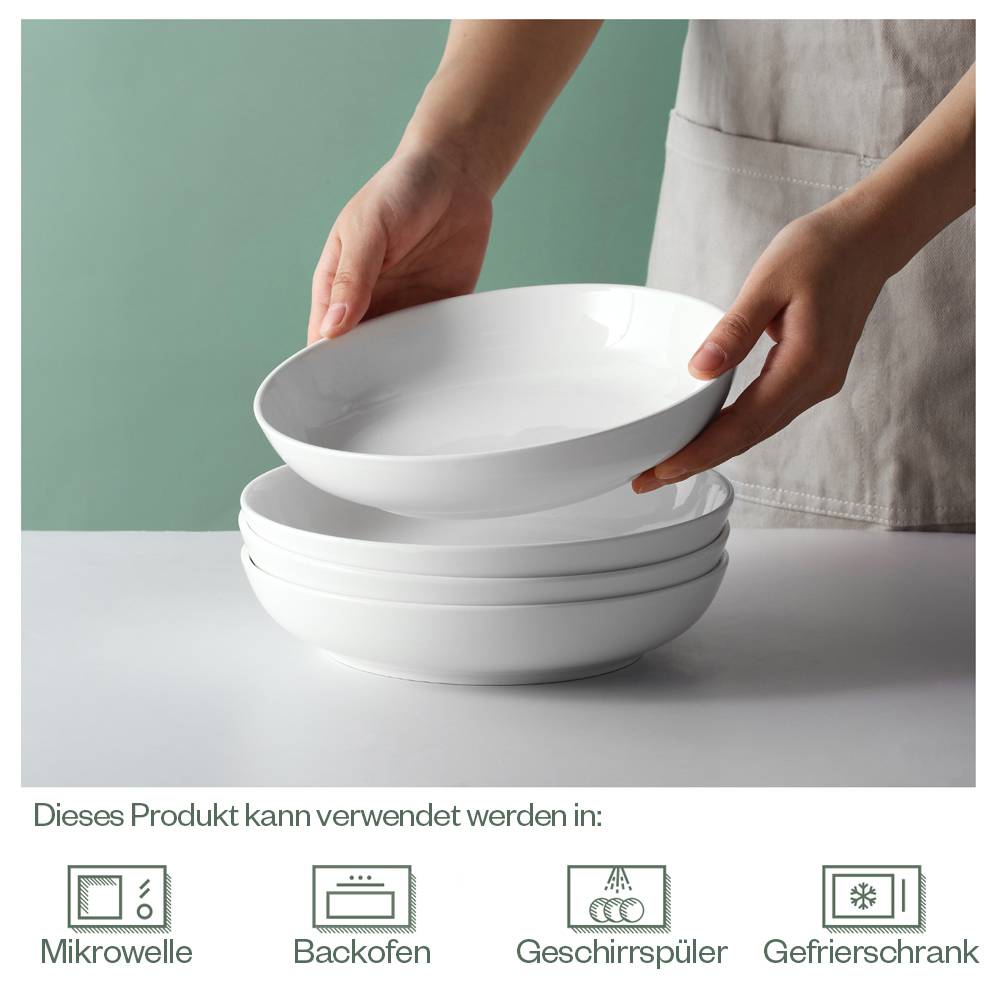 DOWAN 21cm/887ml/4er-Set Pastateller,große Keramik Salat Schalen, flache Nudelschalen,große Suppenschalen,Mikrowelle und spülmaschinenfest,Weiß