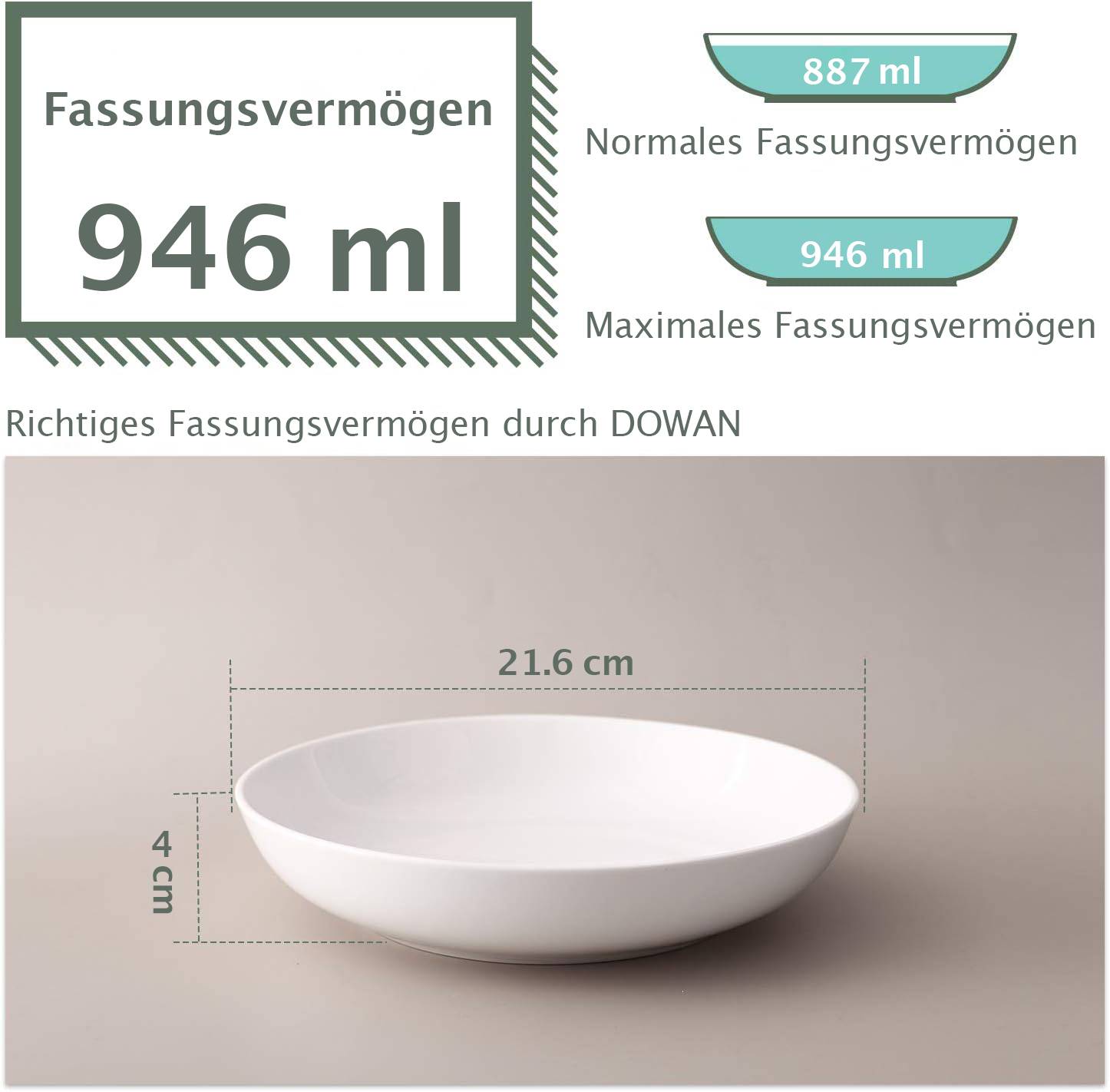 DOWAN 946ml/21cm/6er-Set Pasta-Schüsseln, Große Salatschüsseln, Weiße Suppenschüsseln, Porzellan-Pasta-Schüsseln, Weiß