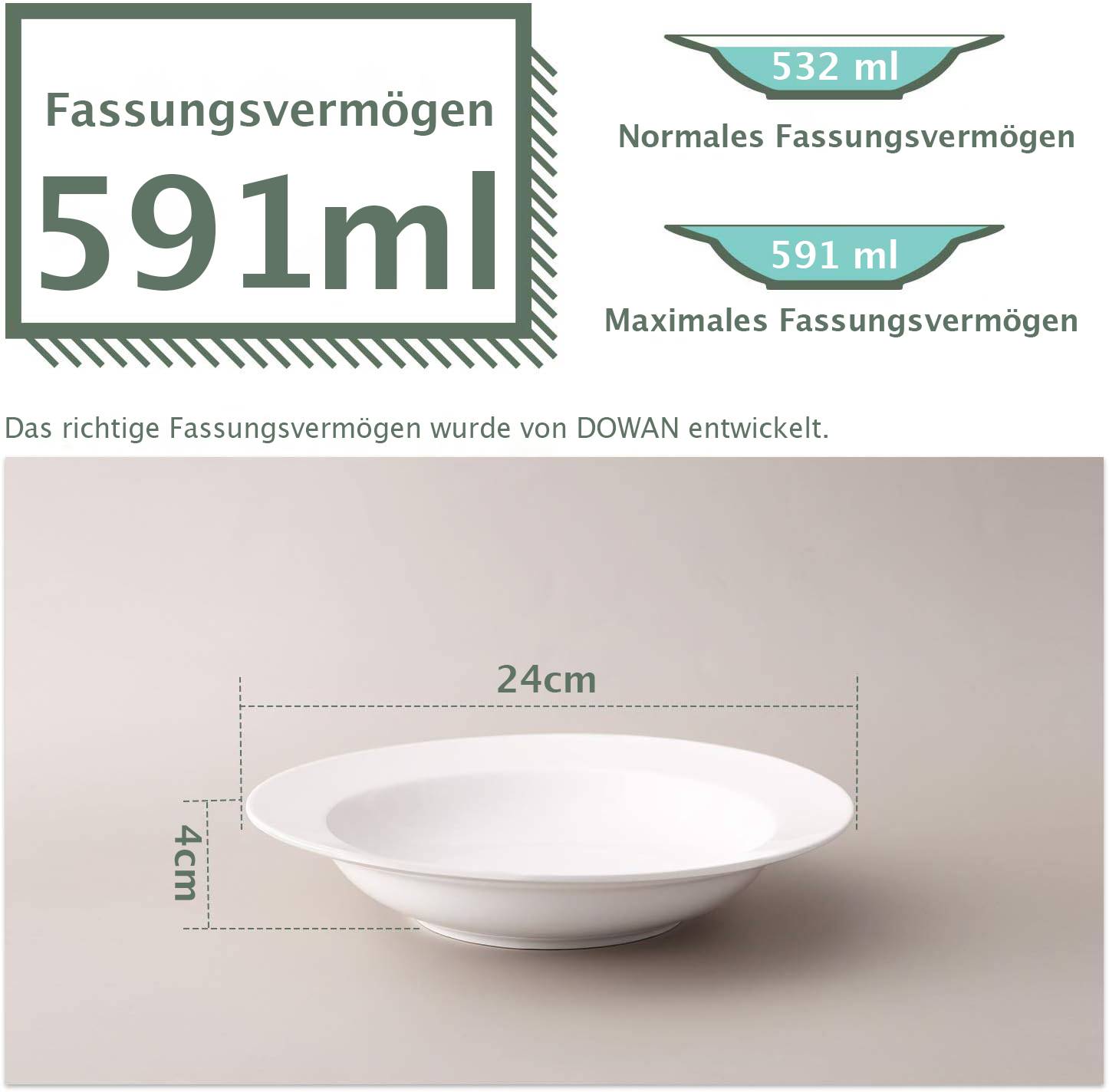 DOWAN 591ml/24×24×4cm/4er-Set Suppenschalen, Pastatellerschalen,Weiße Salatschalen,Porzellan-Schalen mit breitem Rand, Weiß